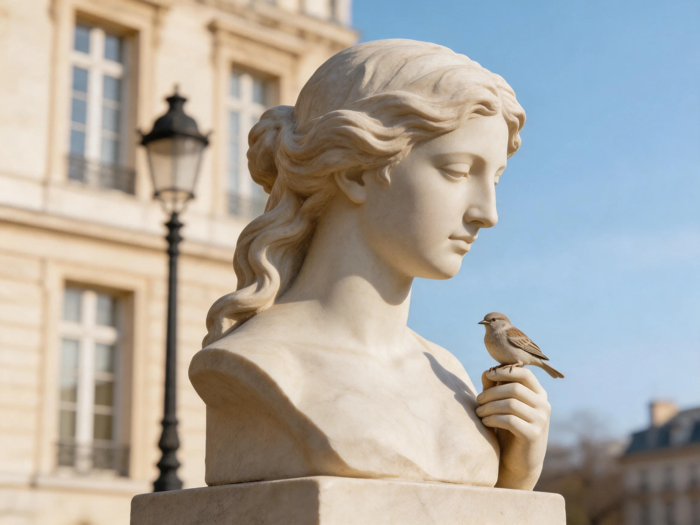 A white marble bust statue with a small brown bird perched on its hand near historic architecture