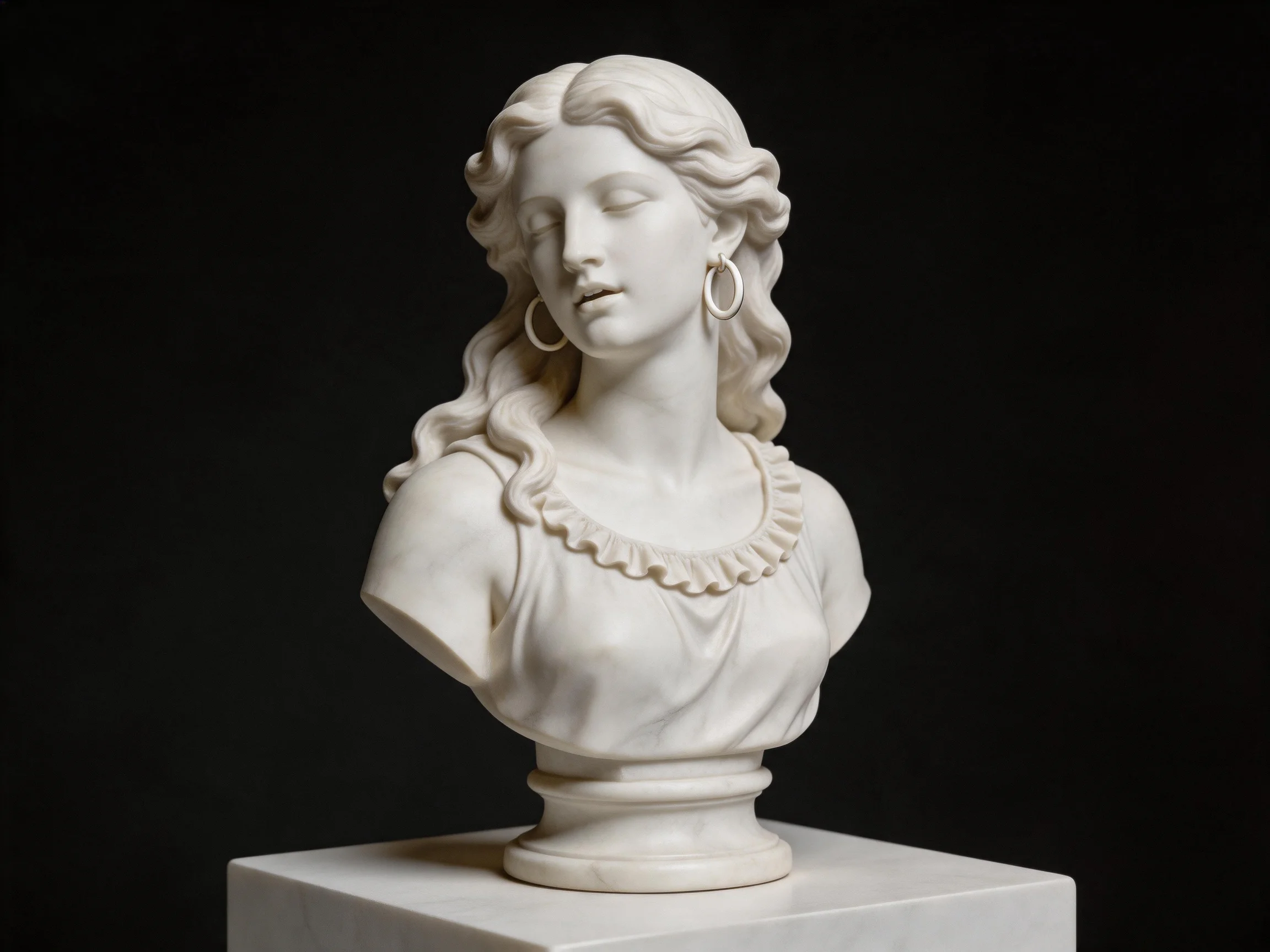 A white marble female bust sculpture on a pedestal