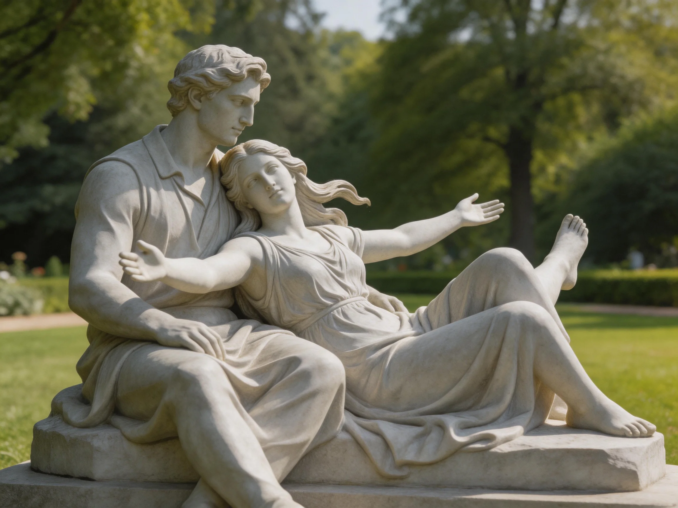 A white marble sculpture depicting a couple in a garden