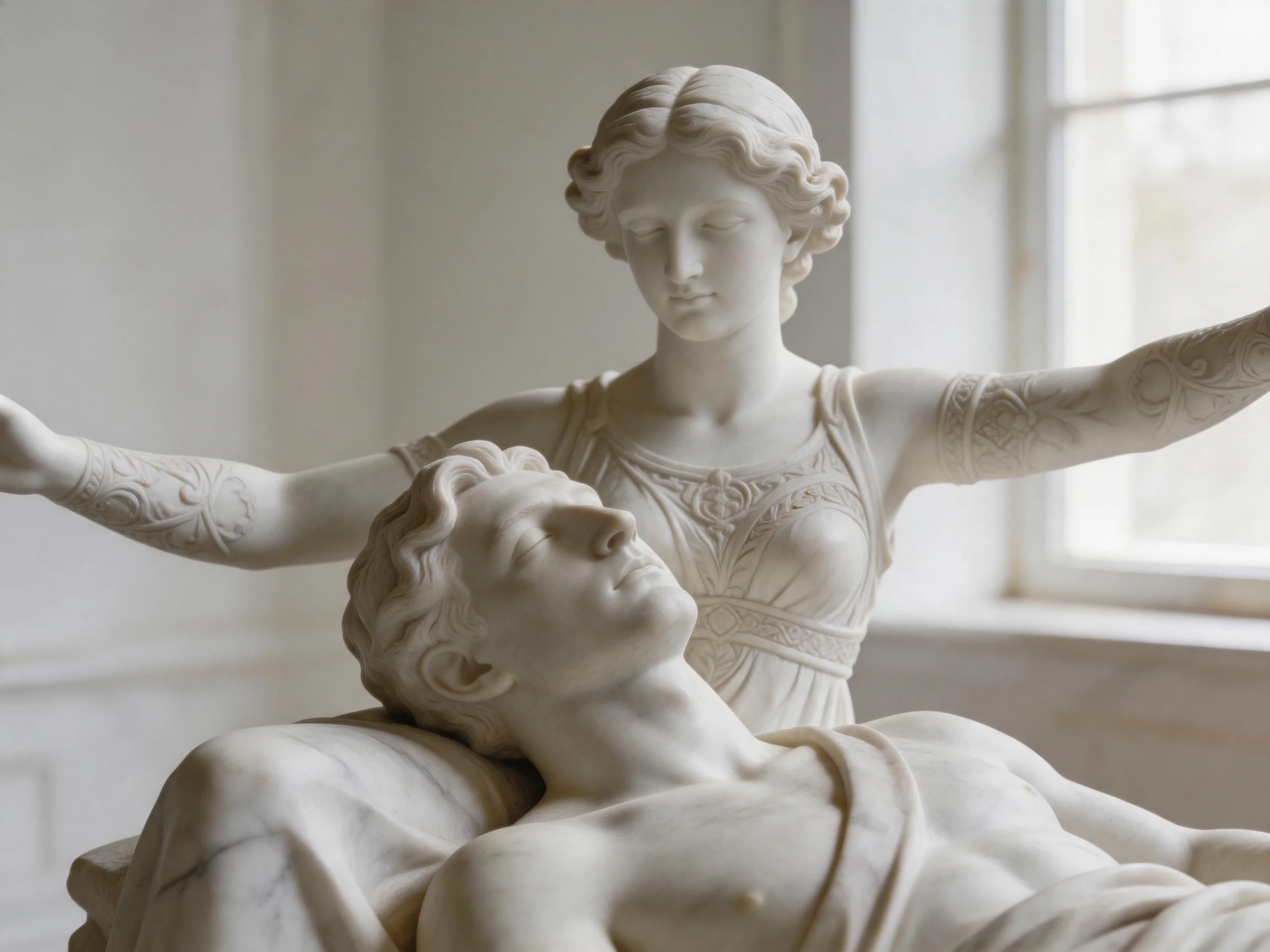 A white marble sculpture of a reclining man and standing woman