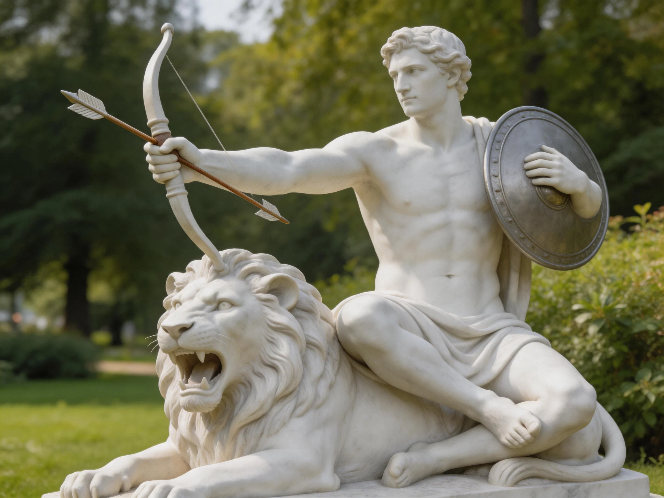 A white marble statue of a muscular warrior with bow, shield, and lion