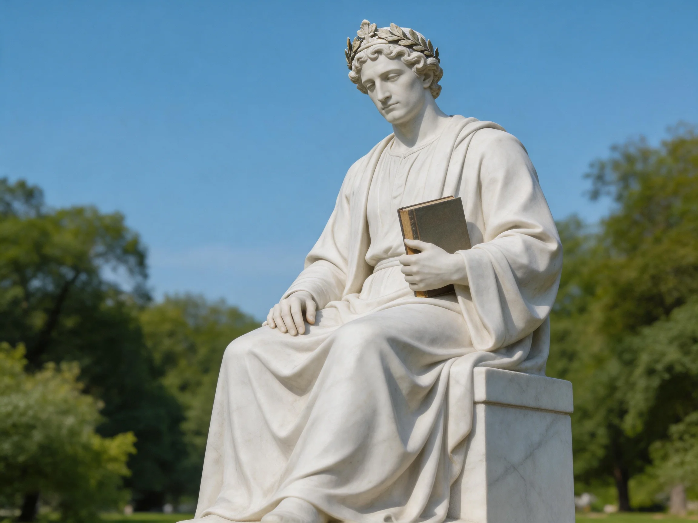 A white marble statue of a seated figure holding a book in a green park