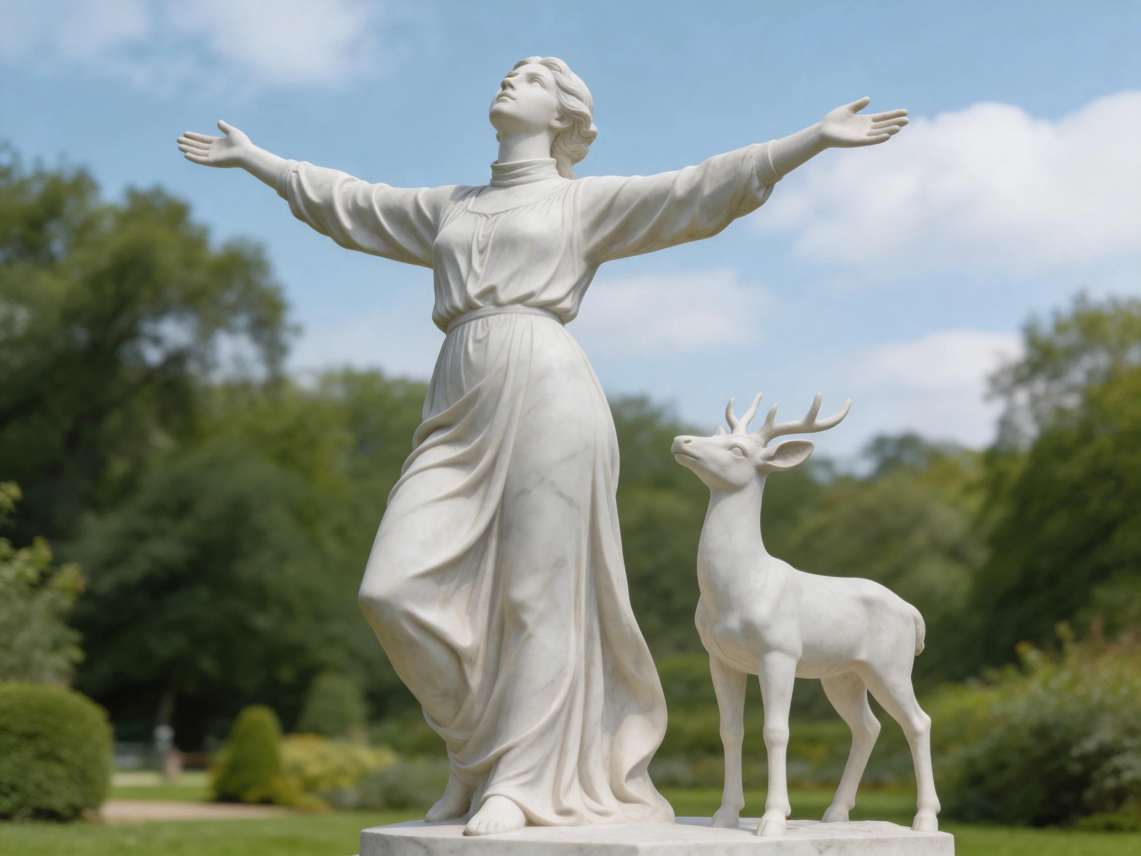 A white marble statue of a woman with outstretched arms beside a deer outdoors