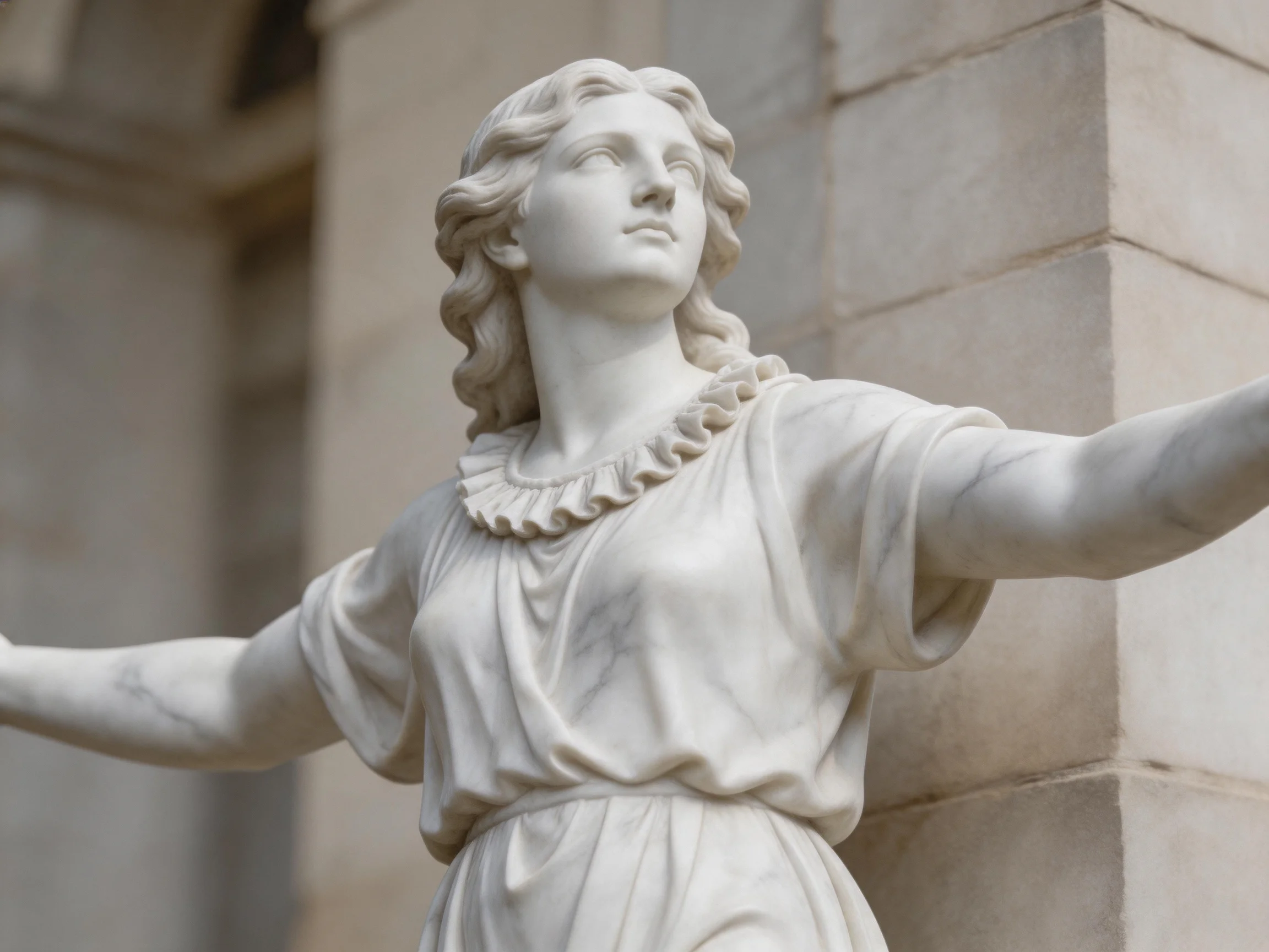 A white marble statue of a woman with outstretched arms near stone architecture