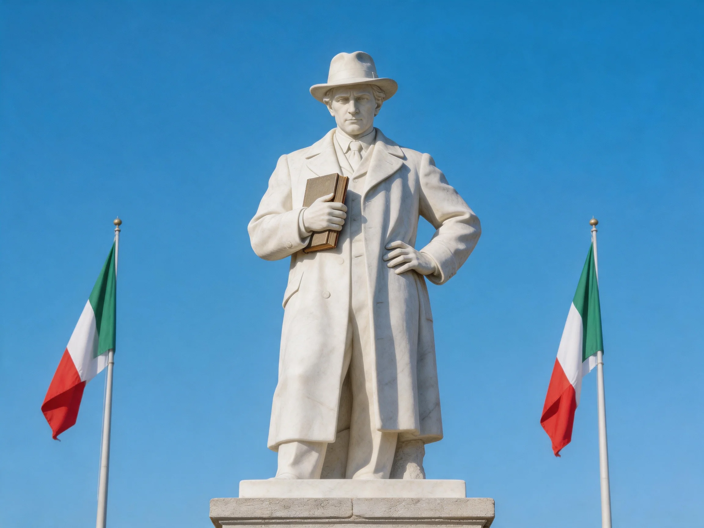 A white marble statue stands beside two Italian flags under a clear blue sky
