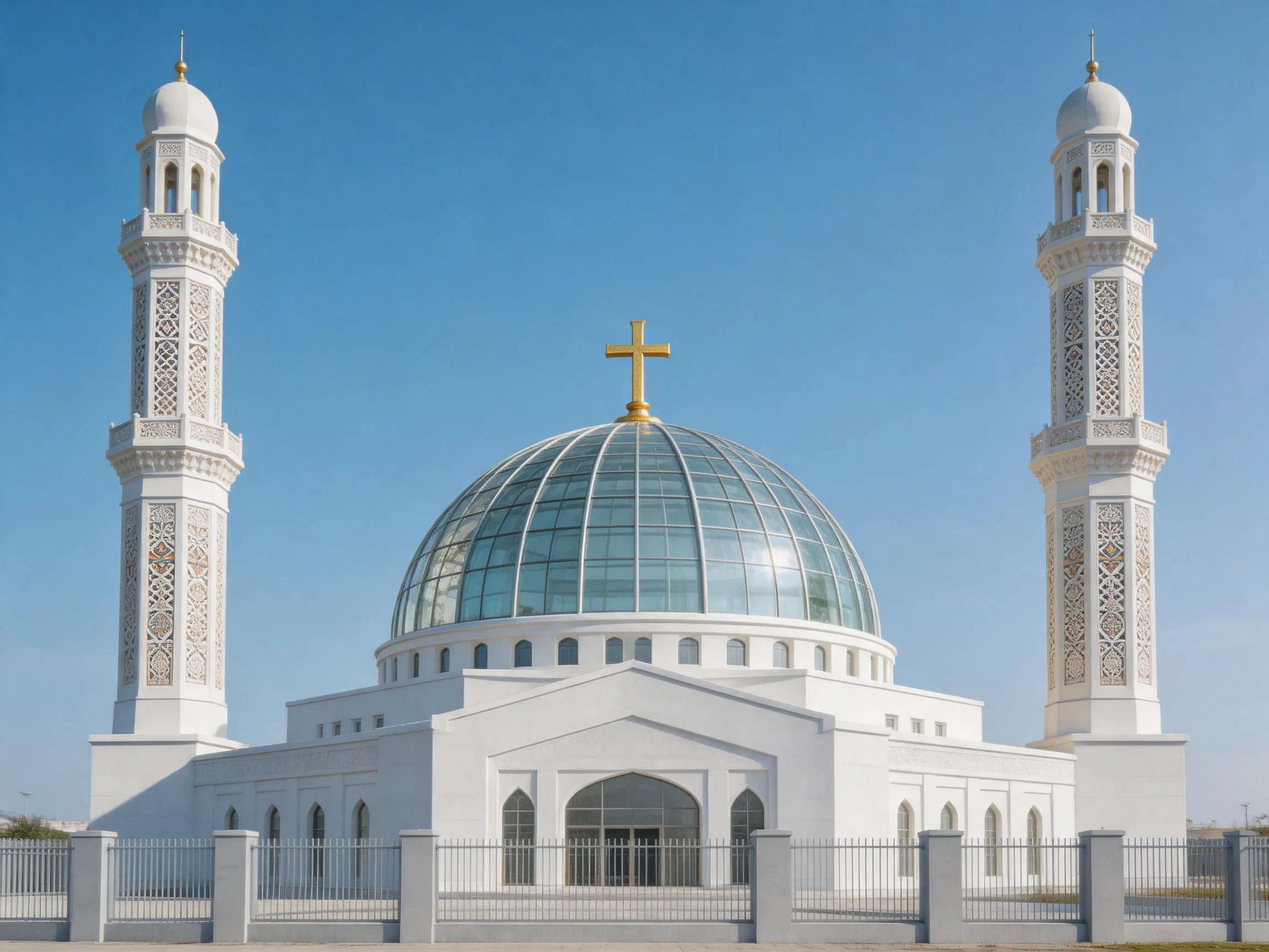 A white mosque with glass dome and crosses between two minarets