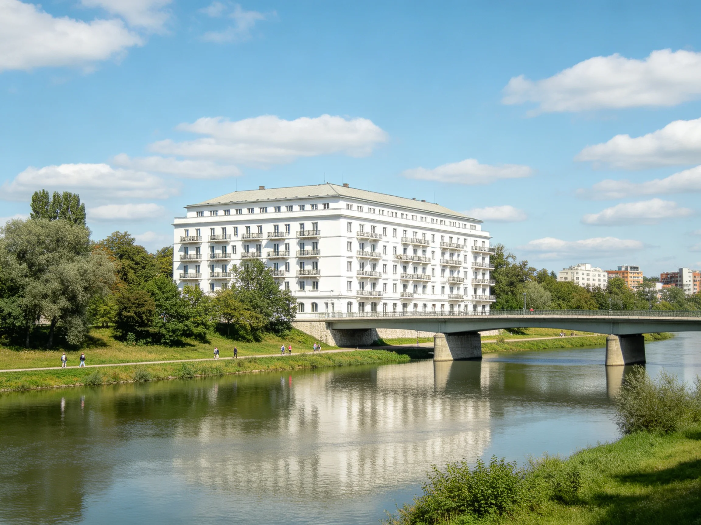 A white multi - story building by a calm river with a bridge