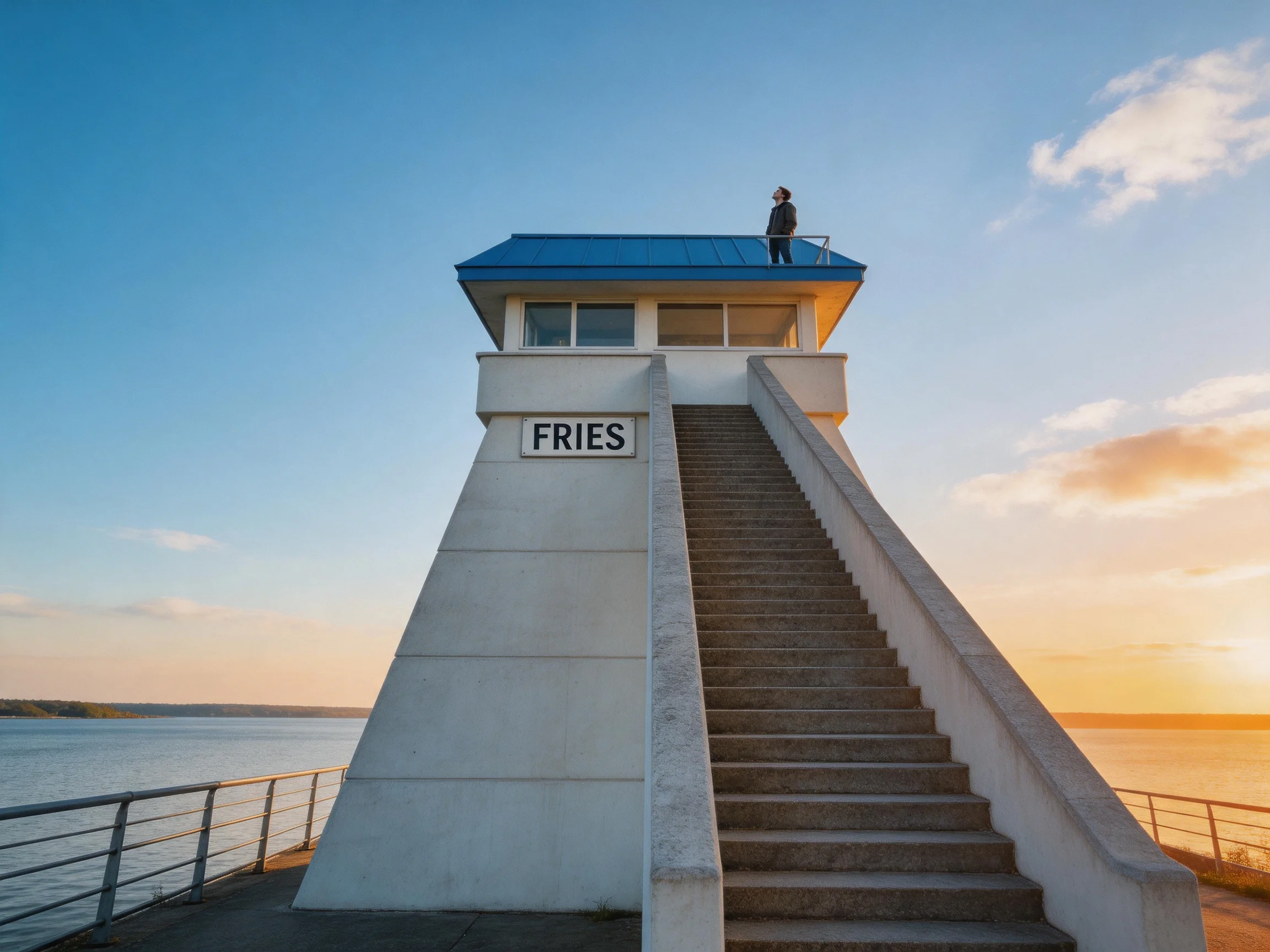 A white observation tower with blue roof overlooks water at sunset