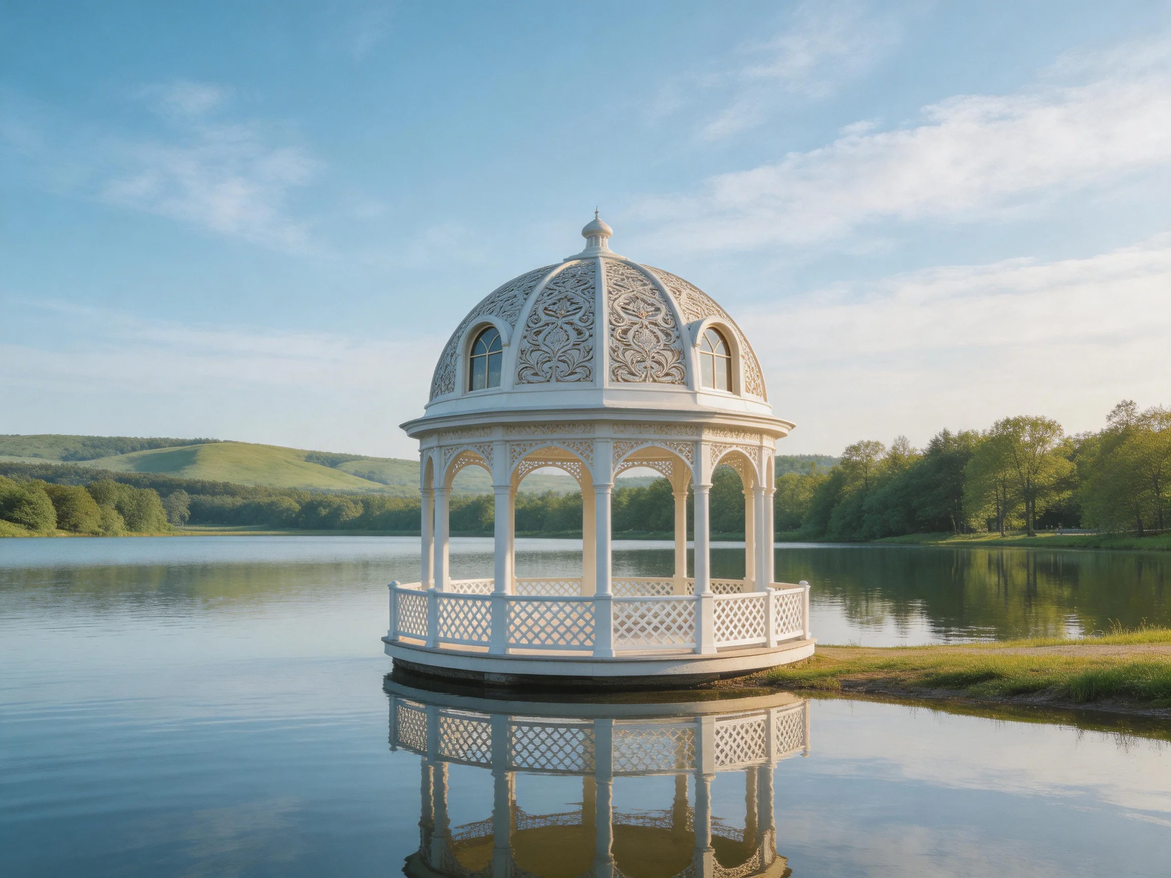 A white ornate gazebo floats on calm water with rolling green hills
