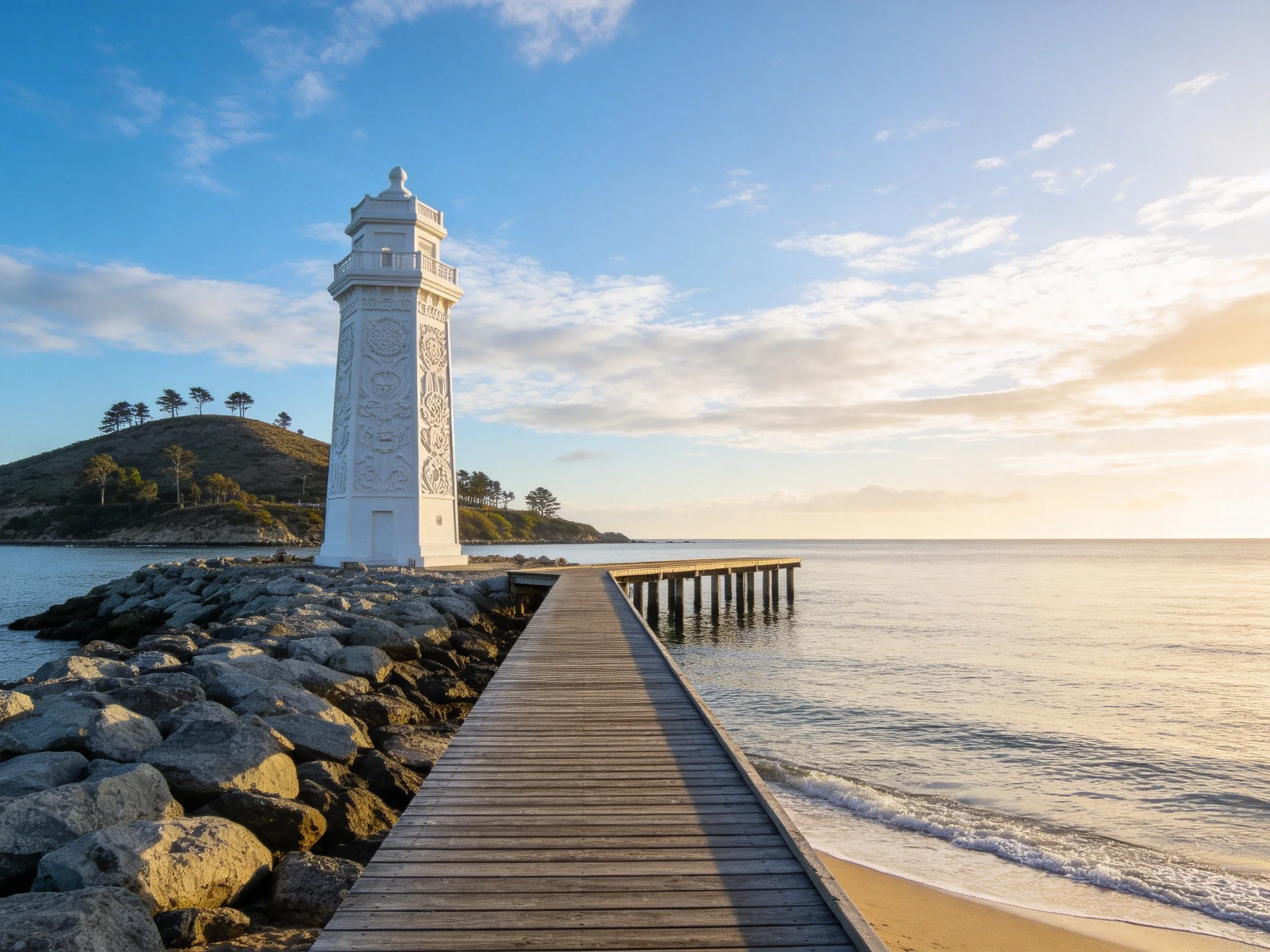 A white ornate lighthouse near a wooden pier by calm sea