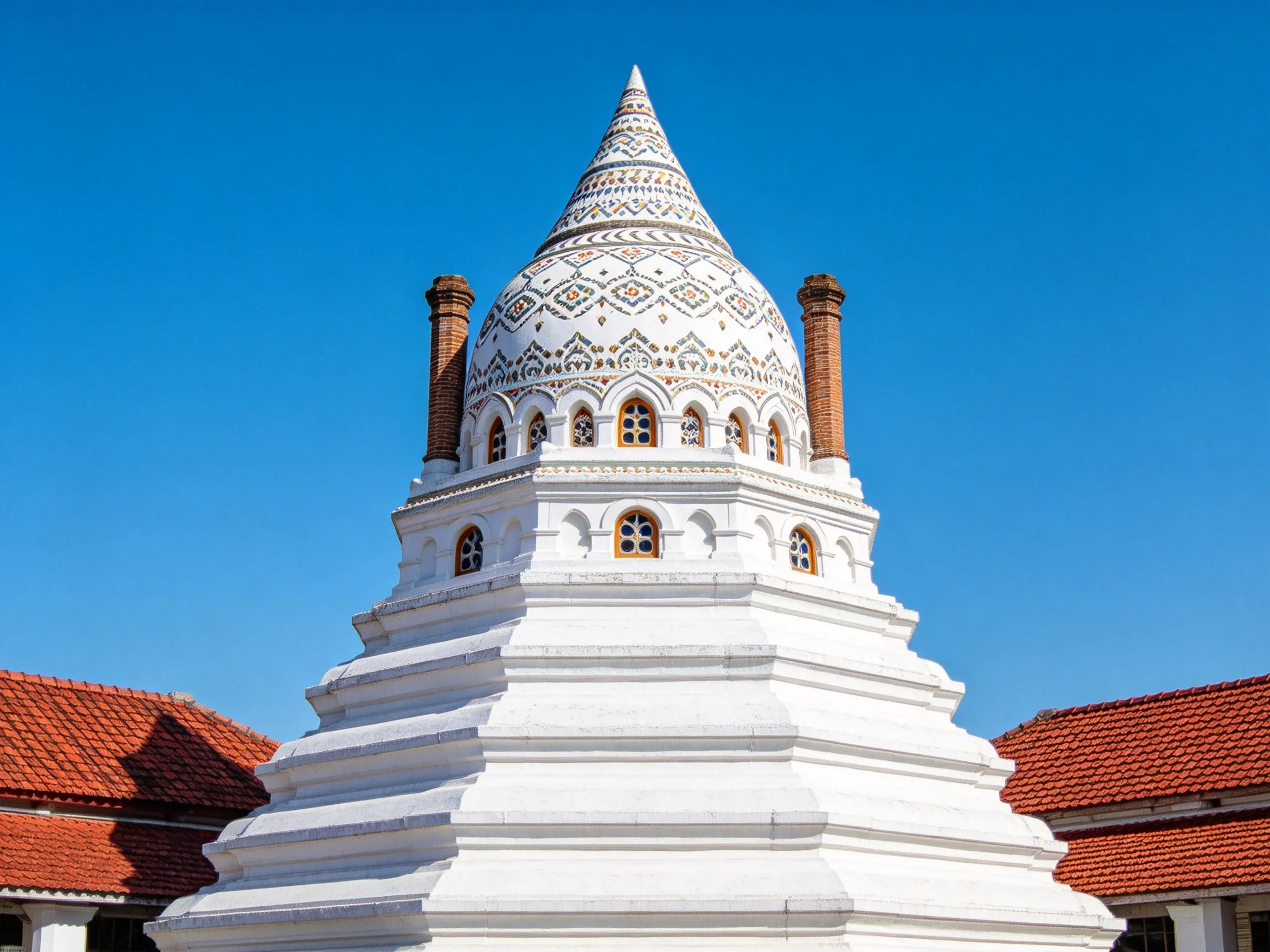A white ornate pagoda with brick columns and red-roofed buildings