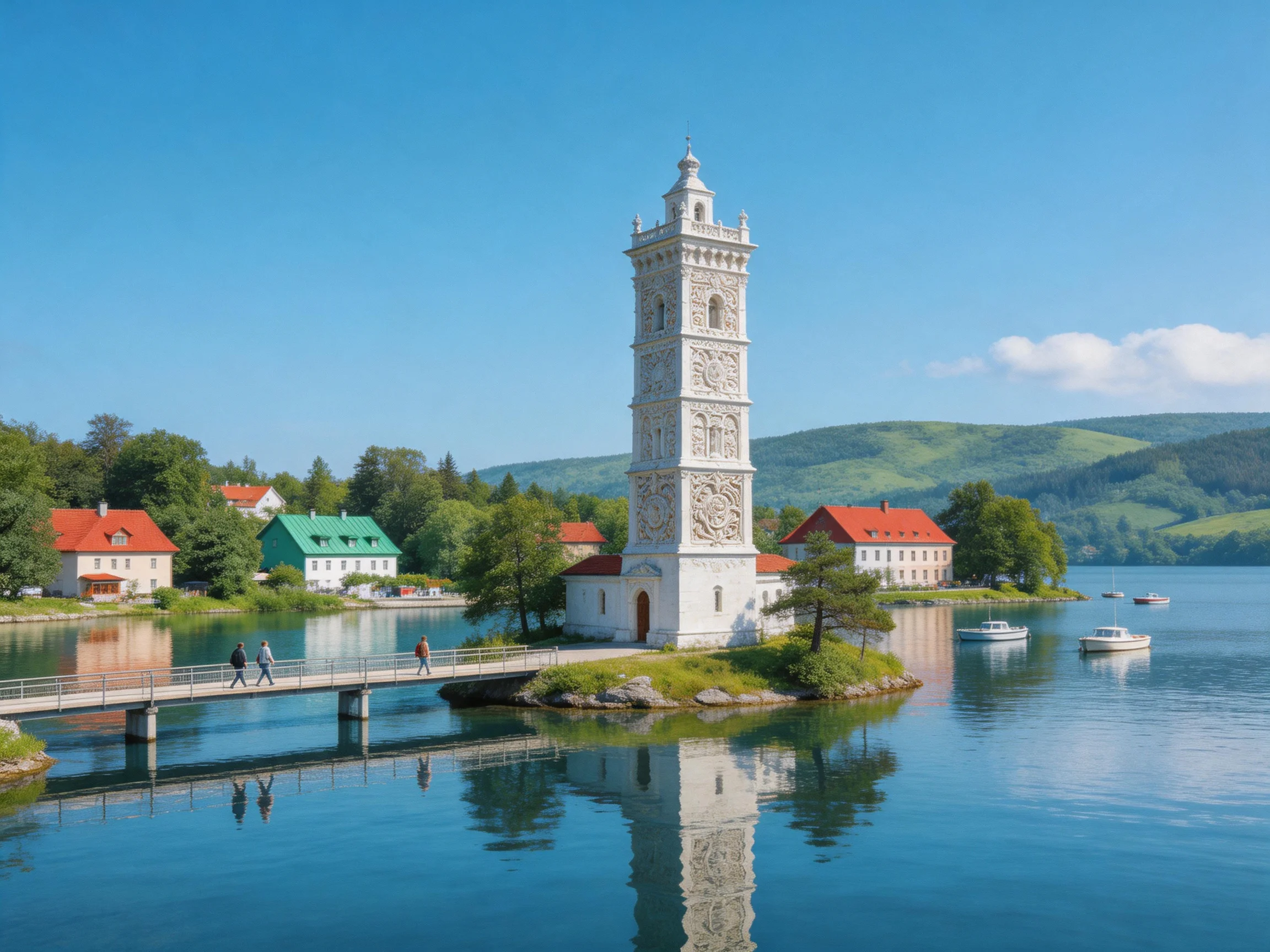 A white ornate tower on a small island near colorful cottages by calm waters