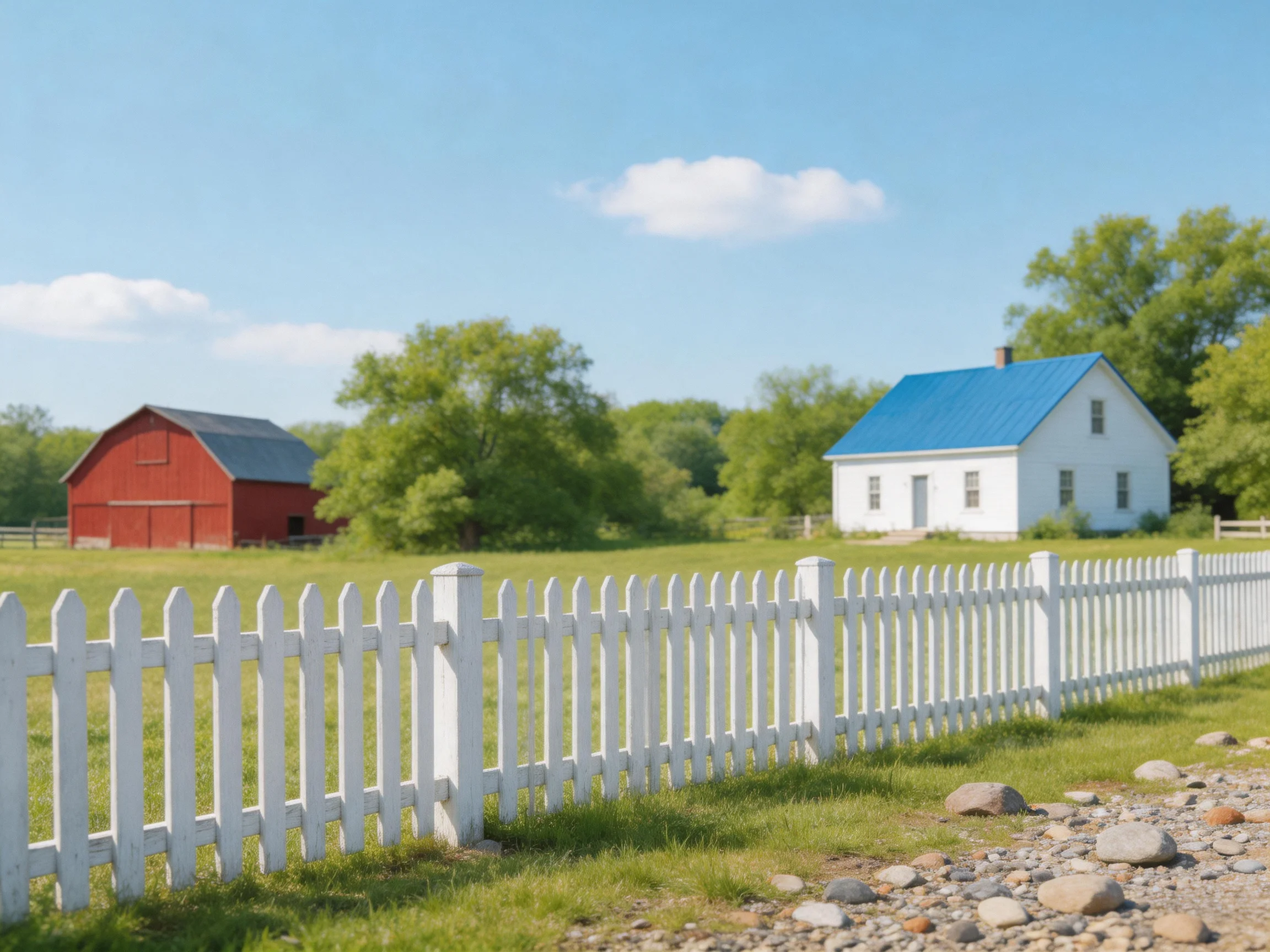 A white picket fence near a red barn and blue-roofed house in a green landscape