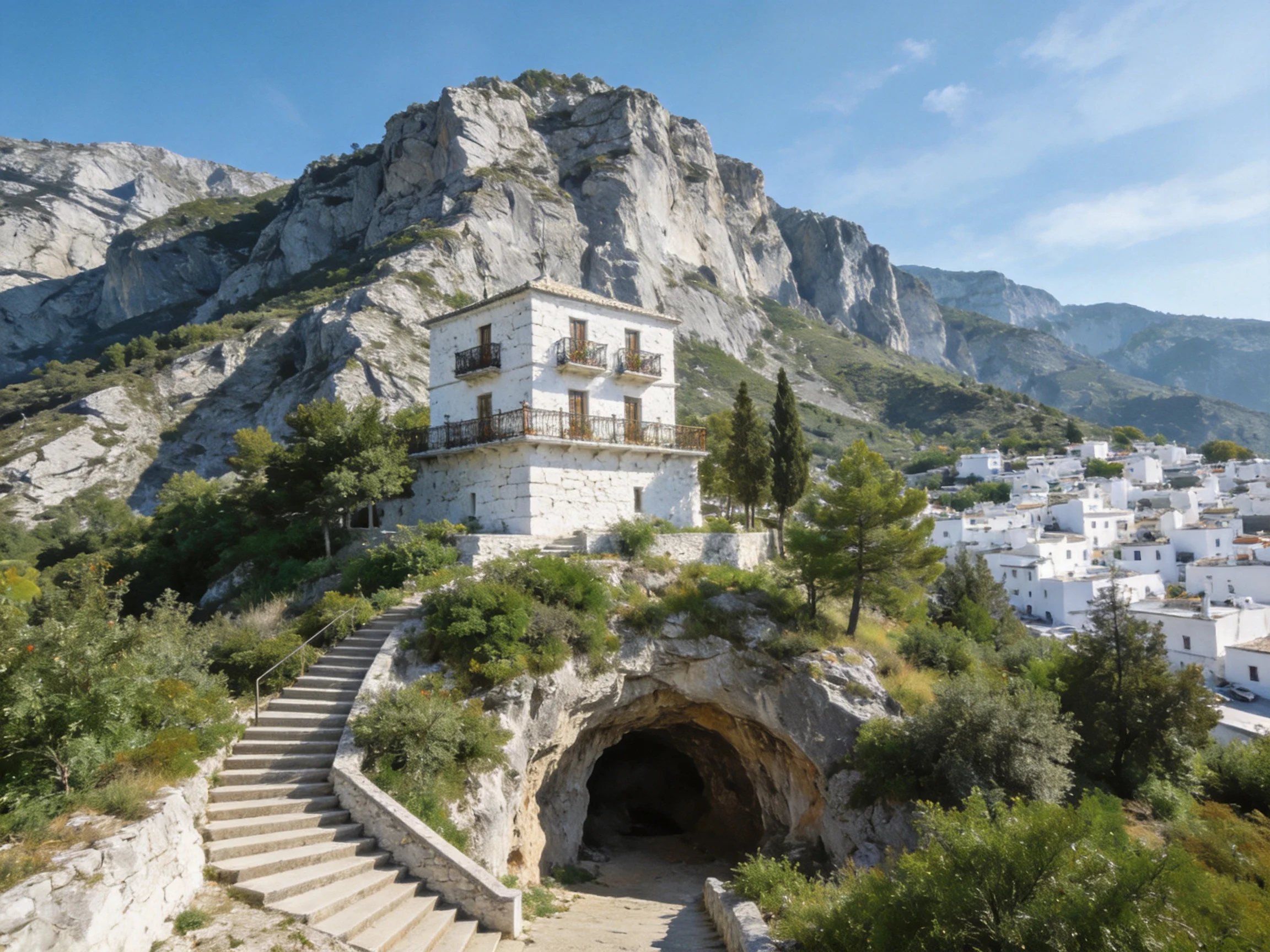 A white stone tower near a cave with rocky mountain backdrop