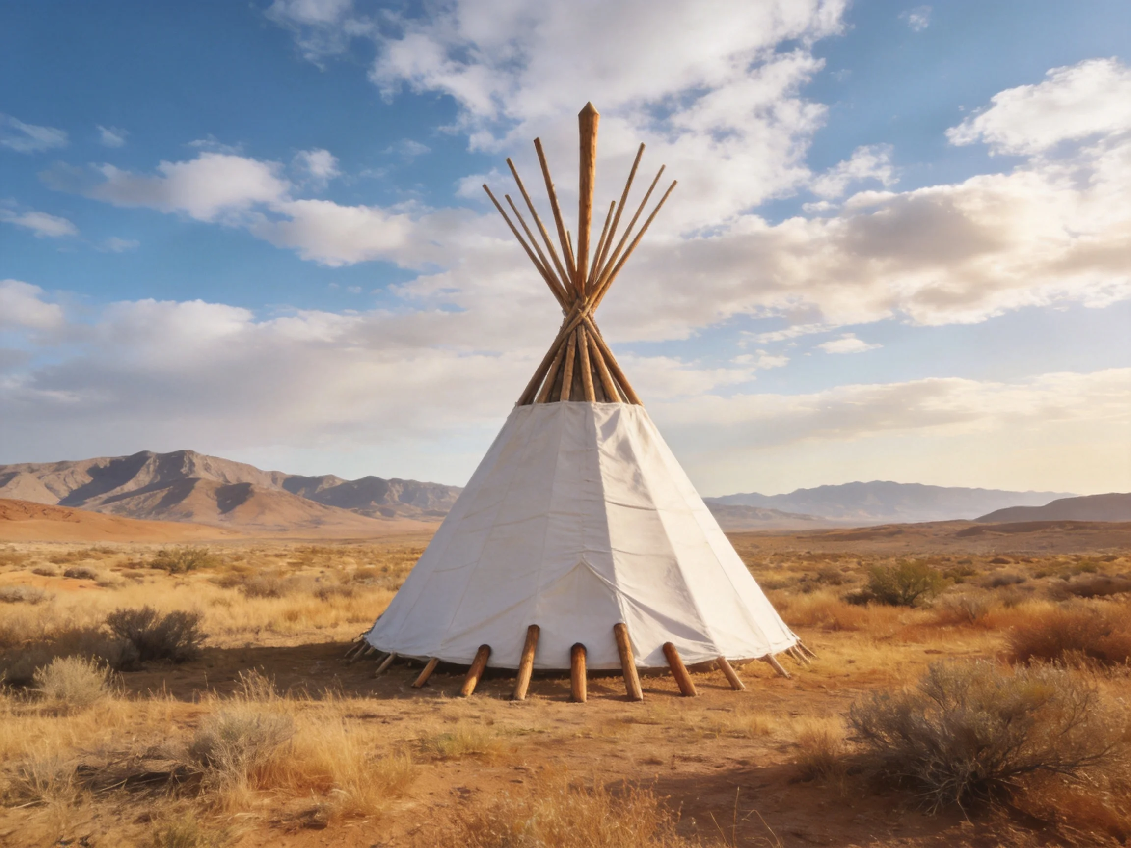 A white teepee in a vast arid desert with distant mountains