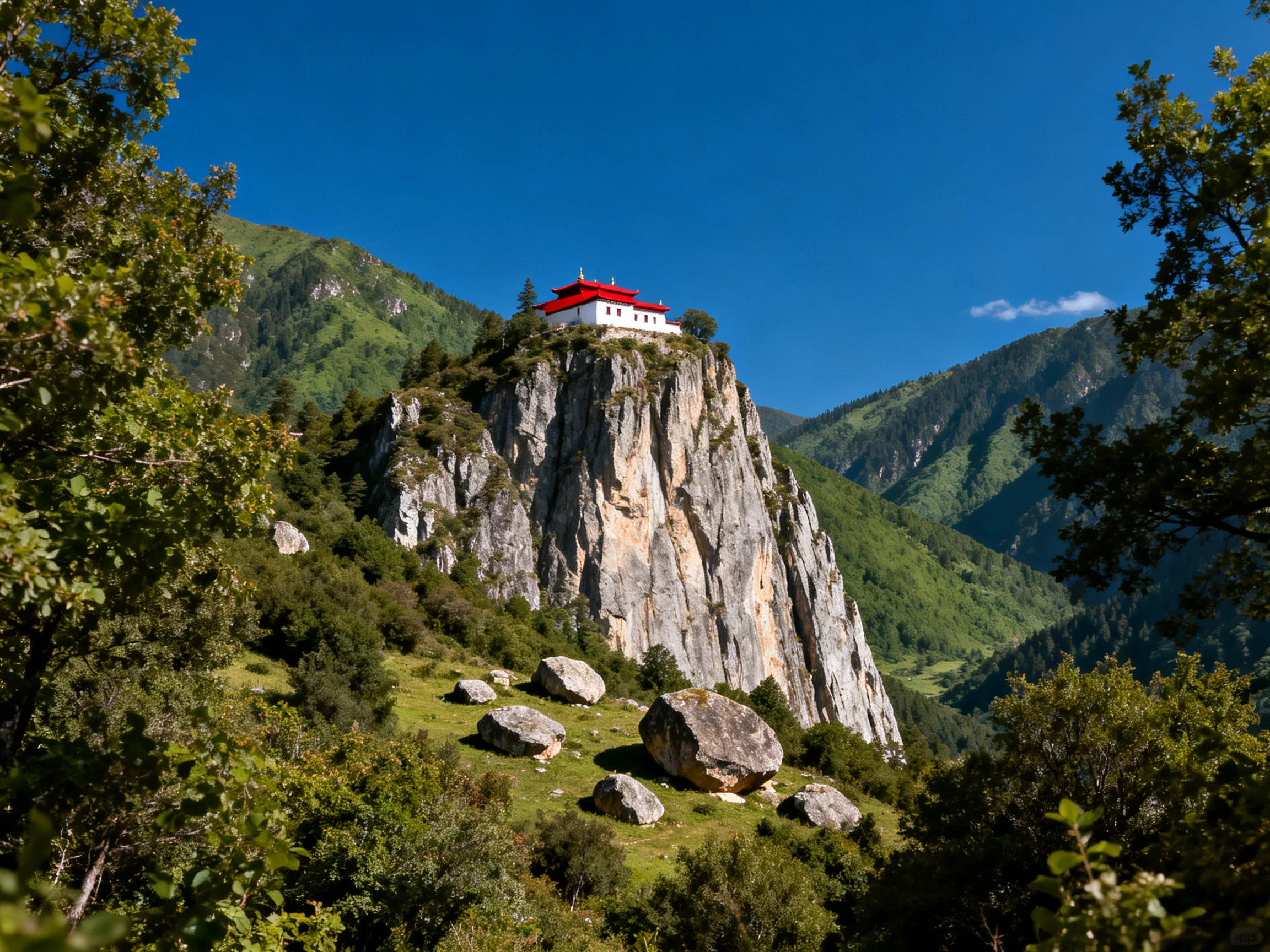 A white temple with red roof atop a steep gray cliff among green mountains