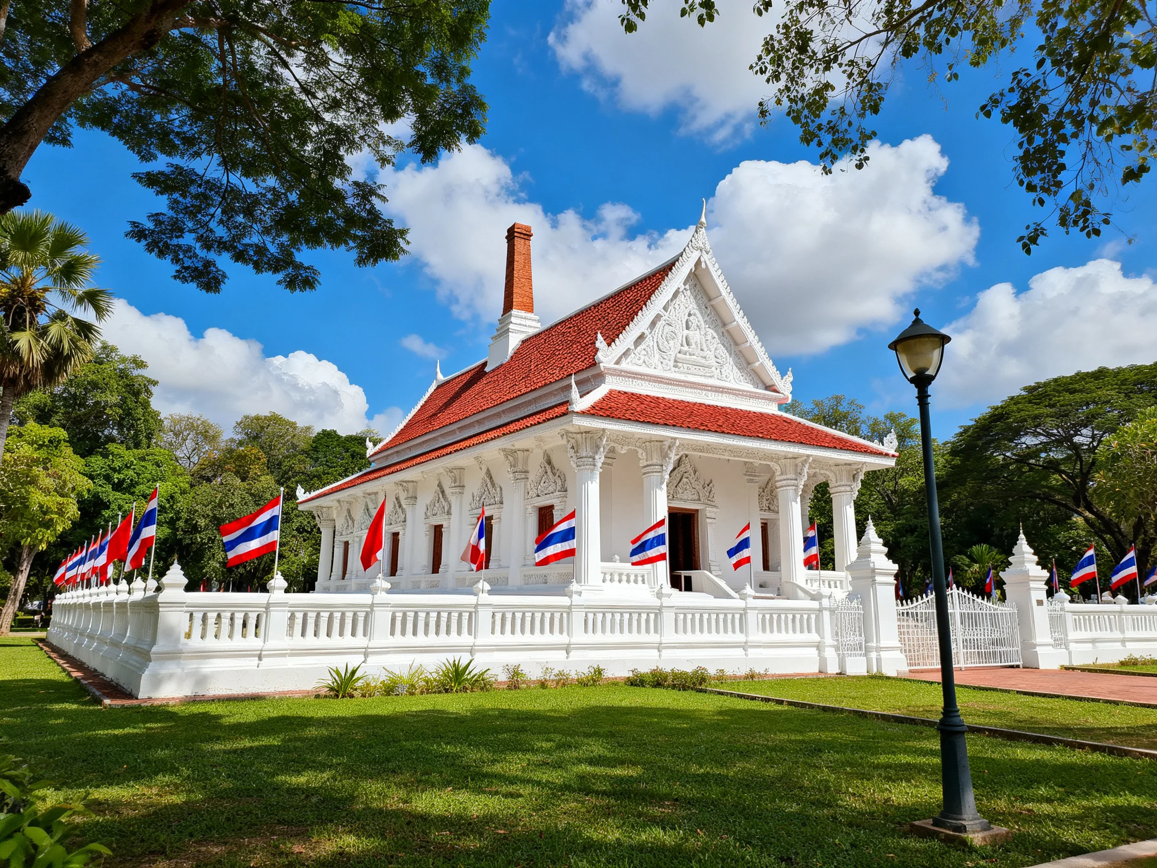 A white temple with red-tiled roof and national flags