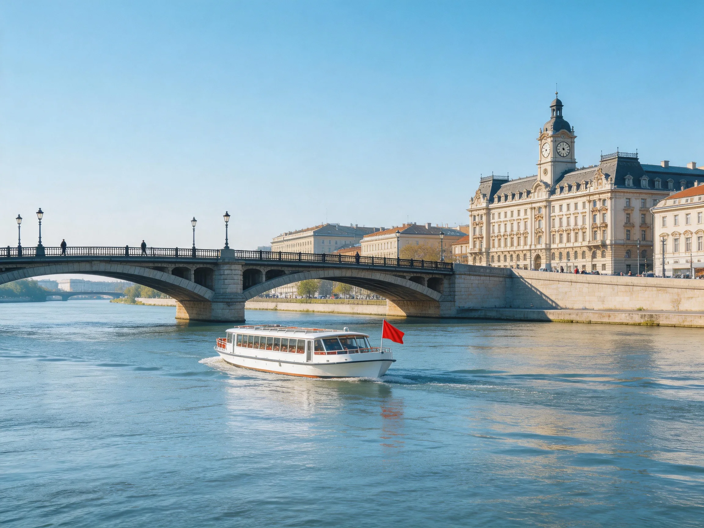A white tour boat sails under an ornate stone bridge near historic buildings