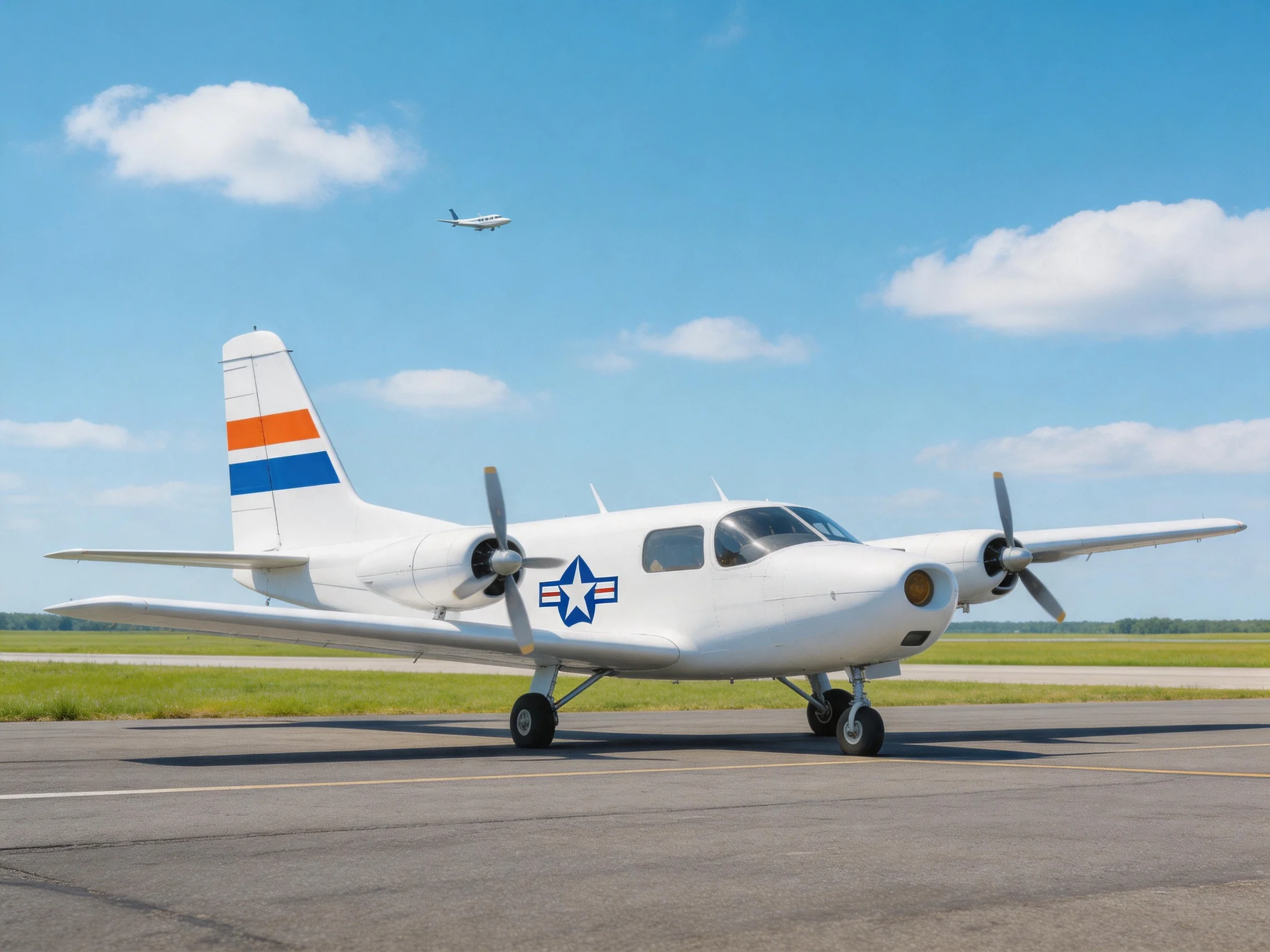A white twin-engine aircraft with military markings on a sunny runway