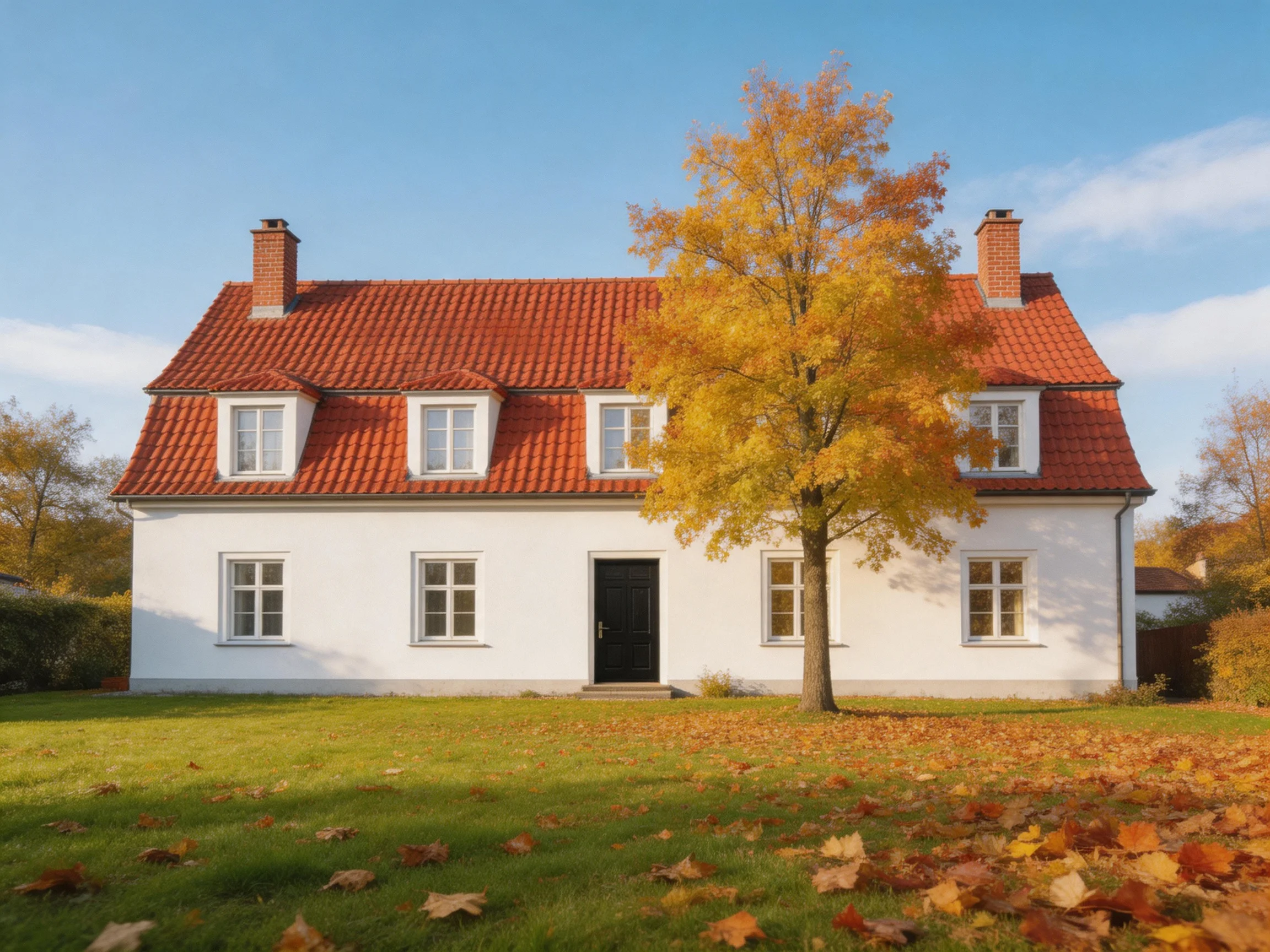 A white two-story house with a red tile roof near an autumn tree