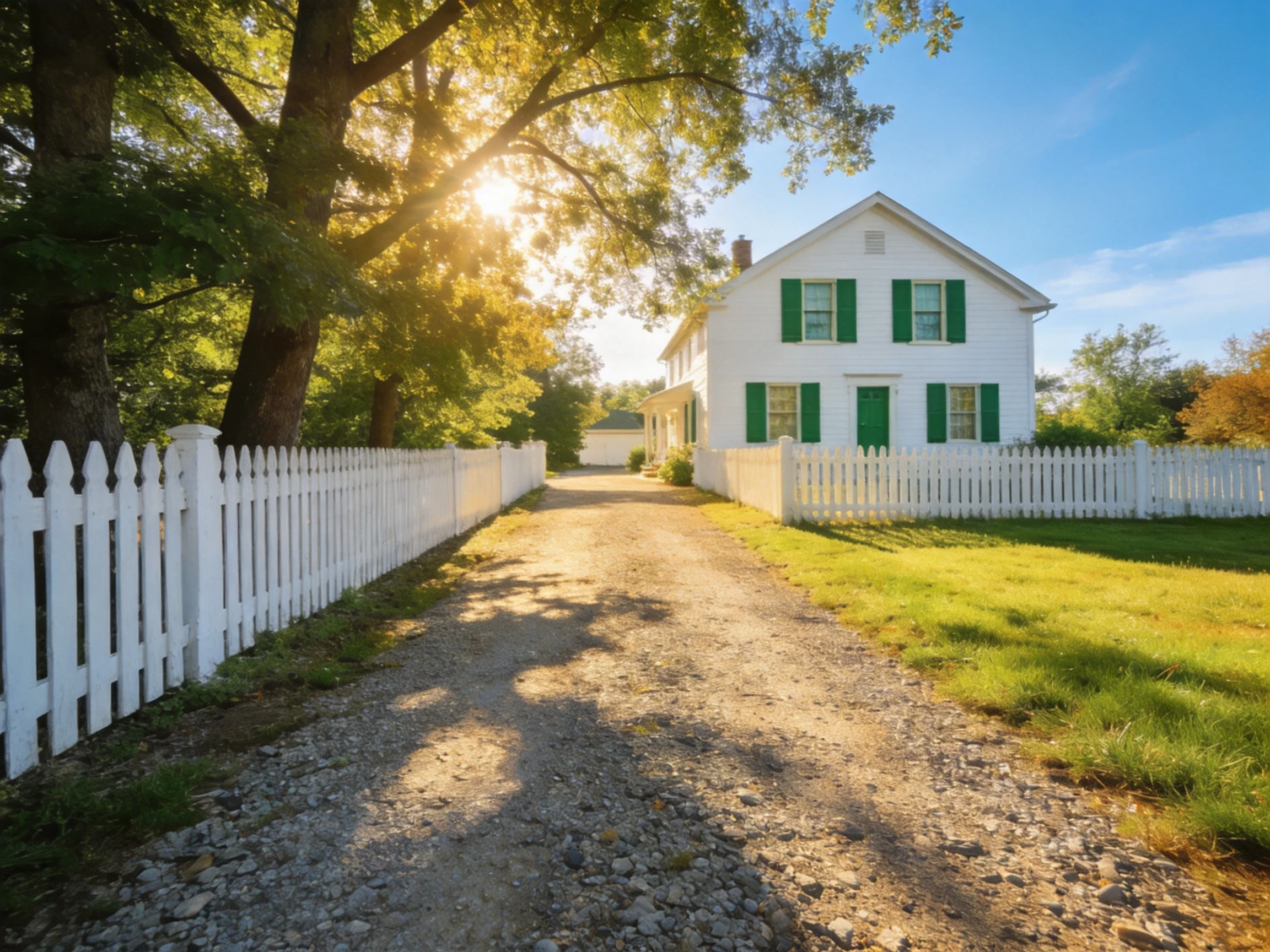A white two-story house with green shutters near a white picket fence