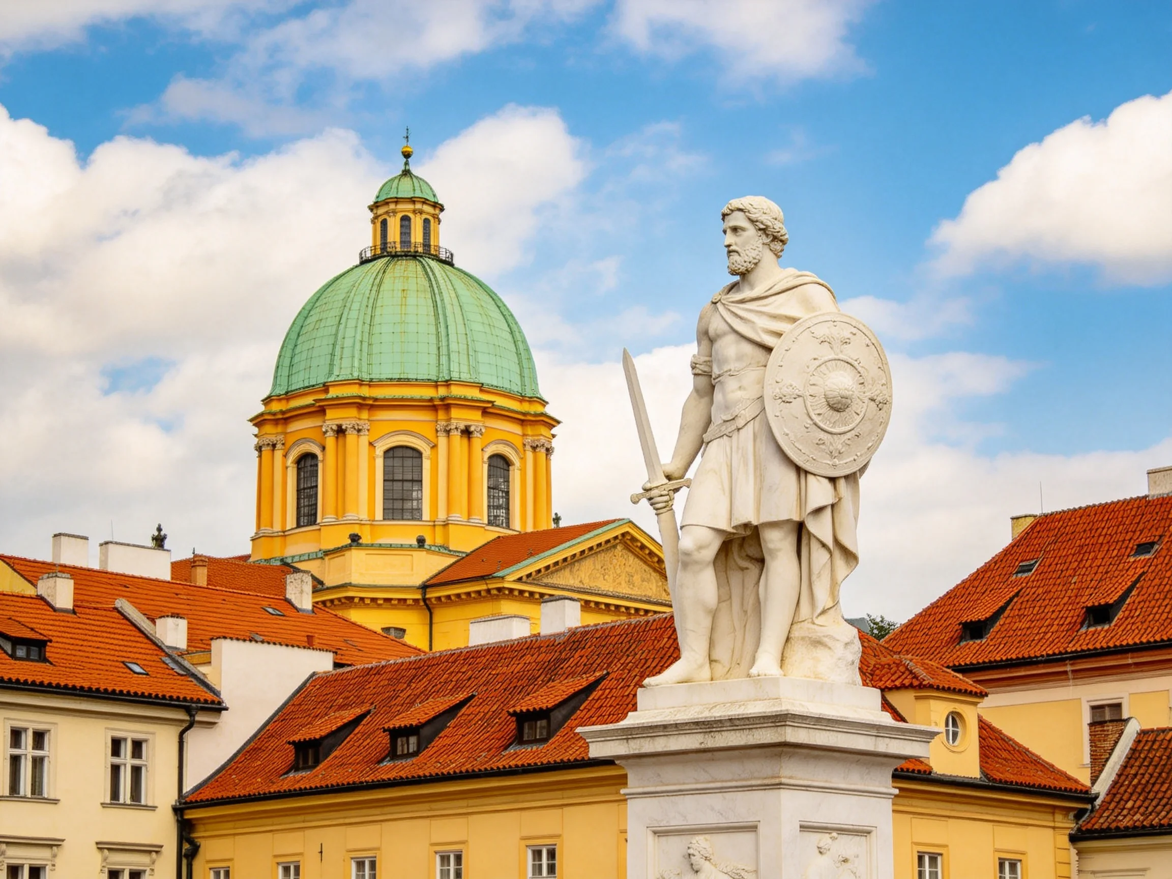 A white warrior statue stands before a bright yellow church with green dome