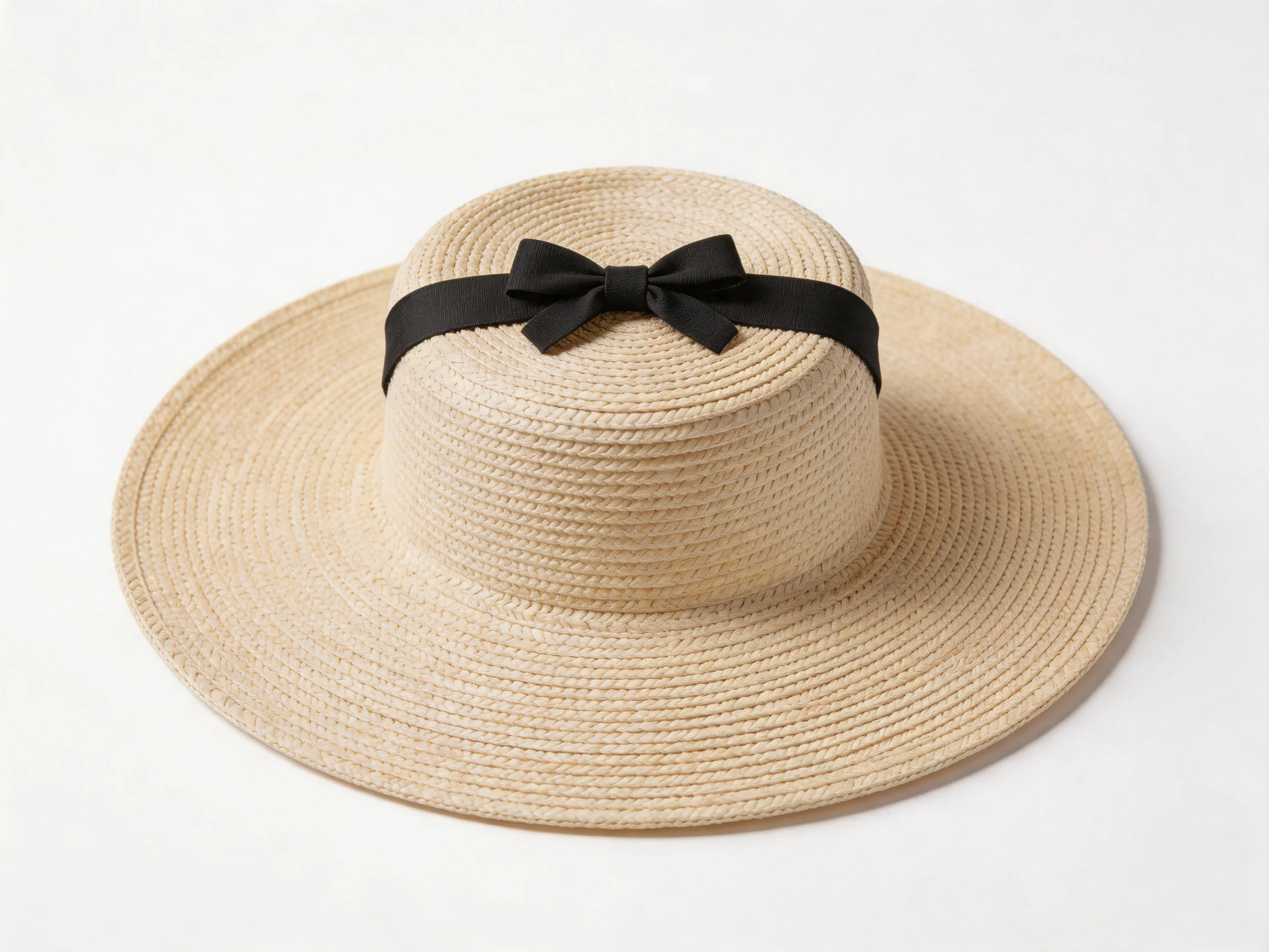 A wide-brimmed beige straw hat with a black ribbon bow