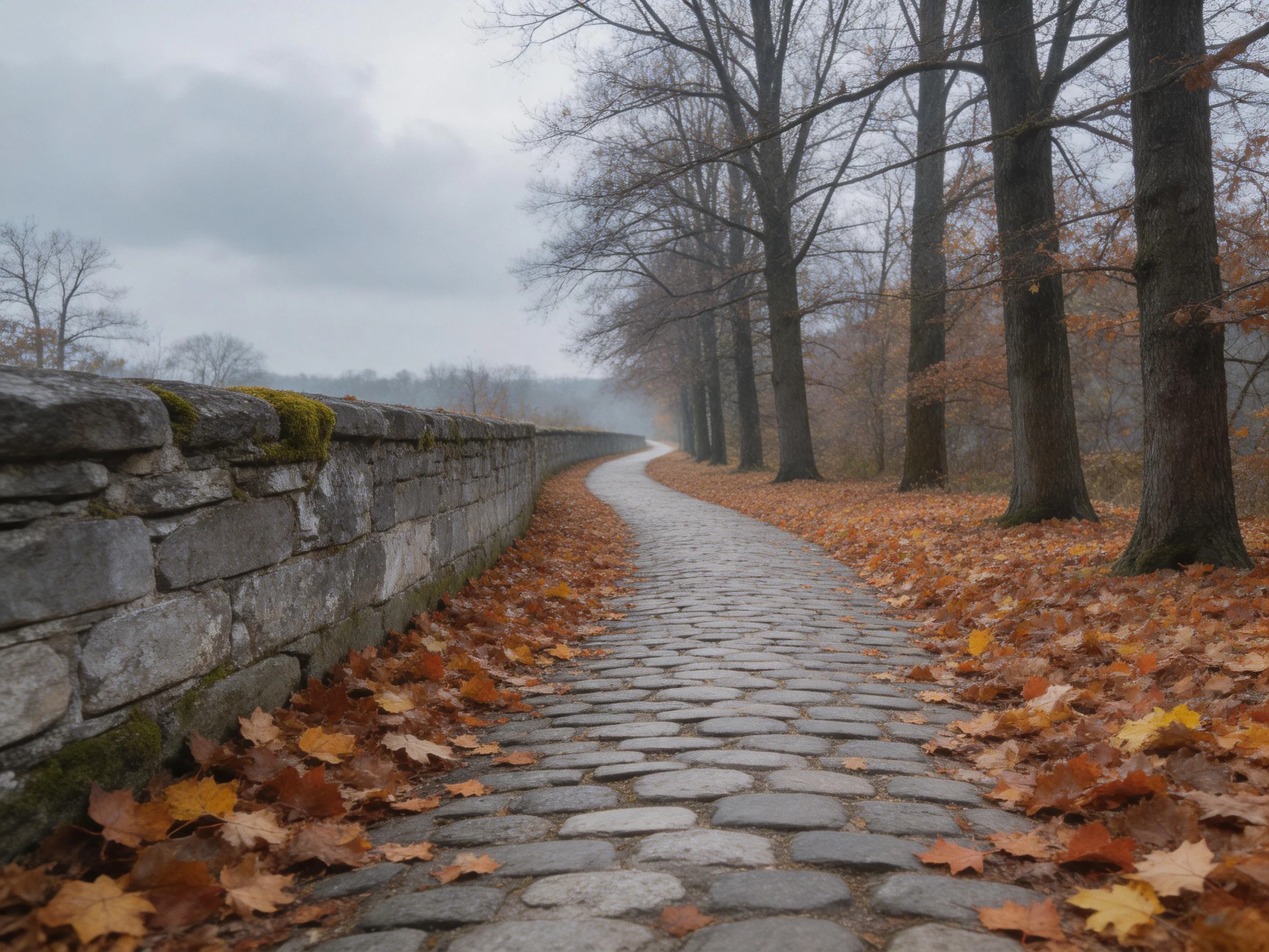 A winding cobblestone path alongside an ancient stone wall in autumn