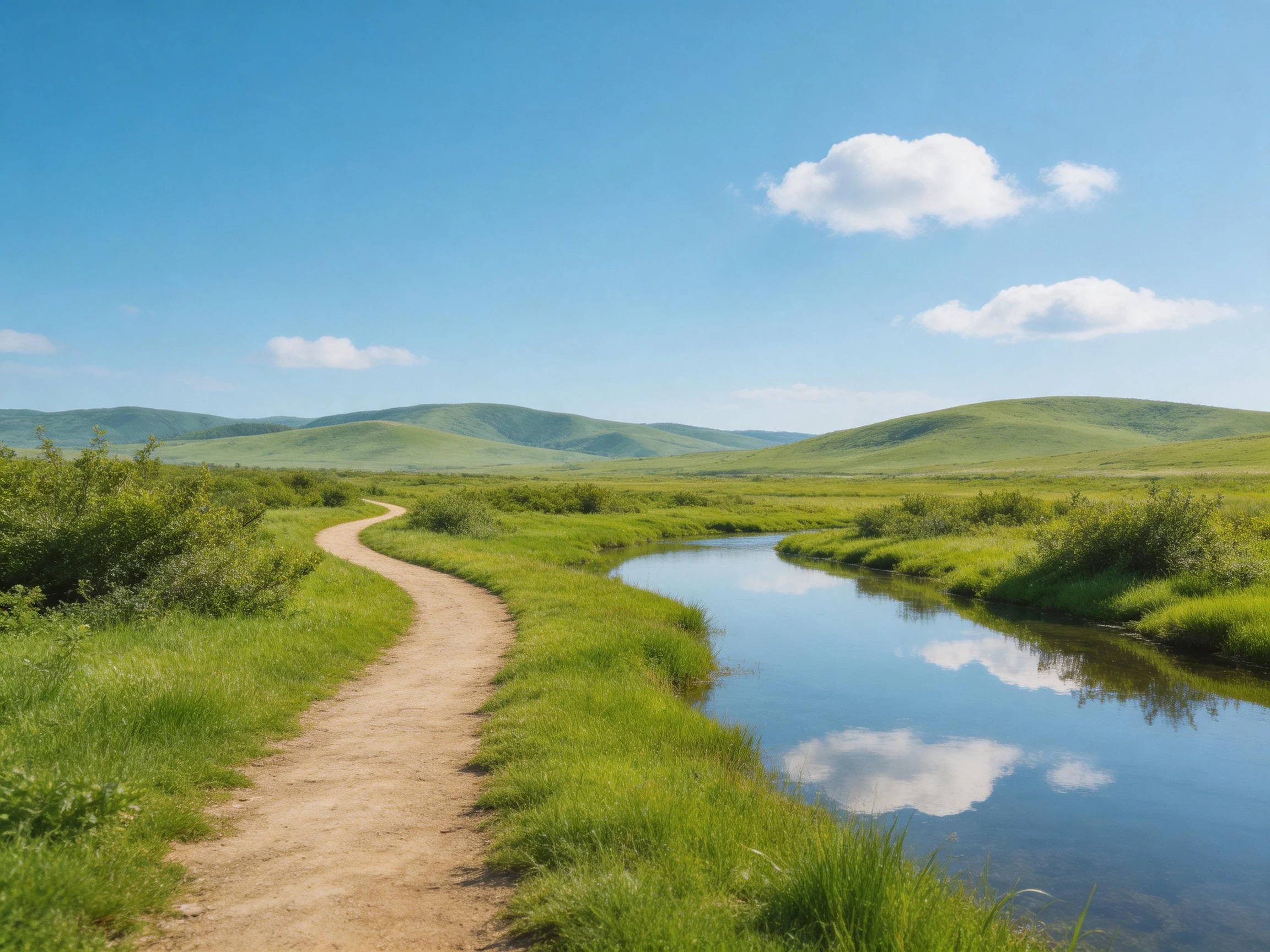 A winding dirt path beside a calm river in a lush green landscape