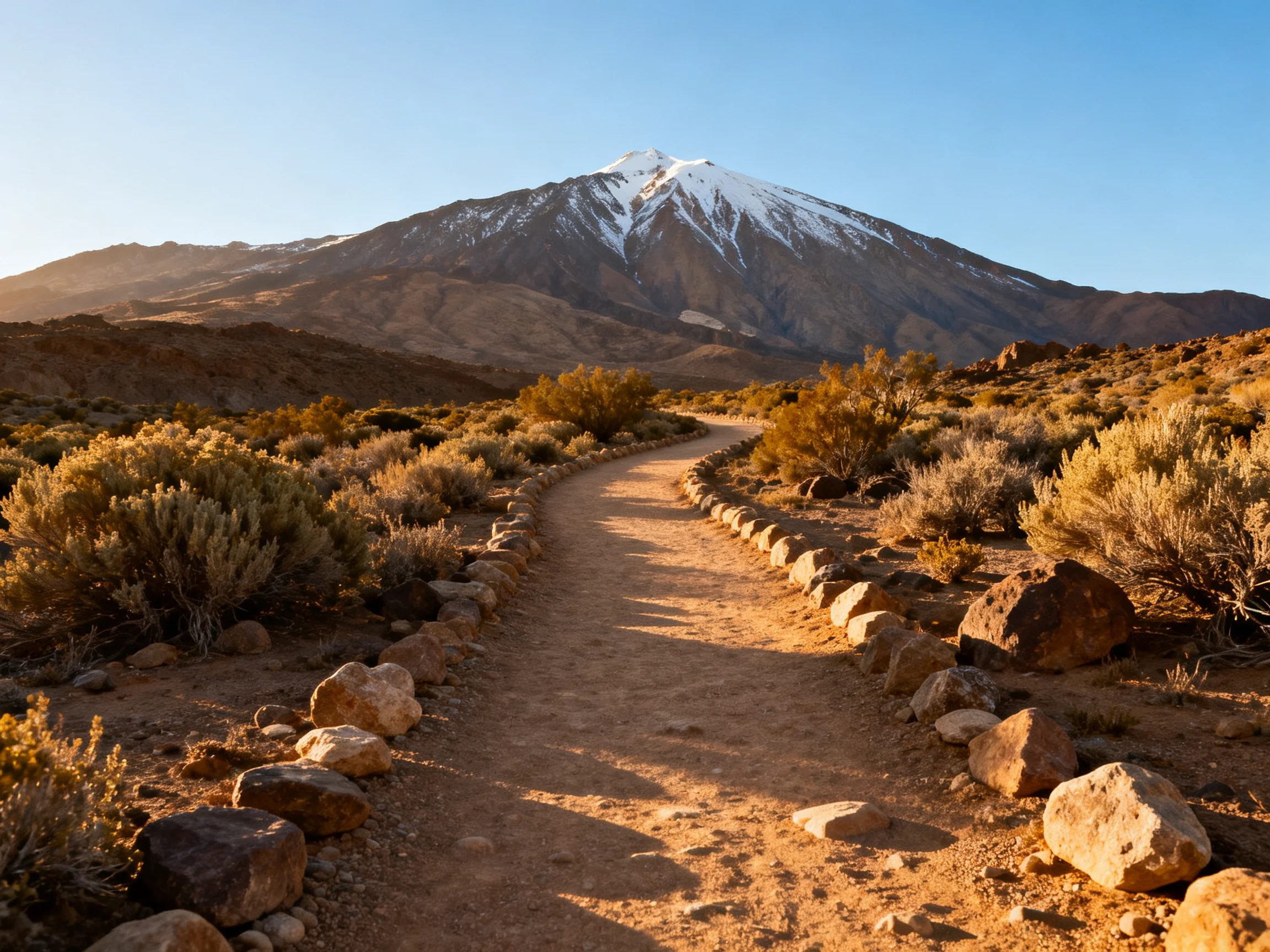 A winding dirt path leads toward a snow - capped mountain in a rocky desert