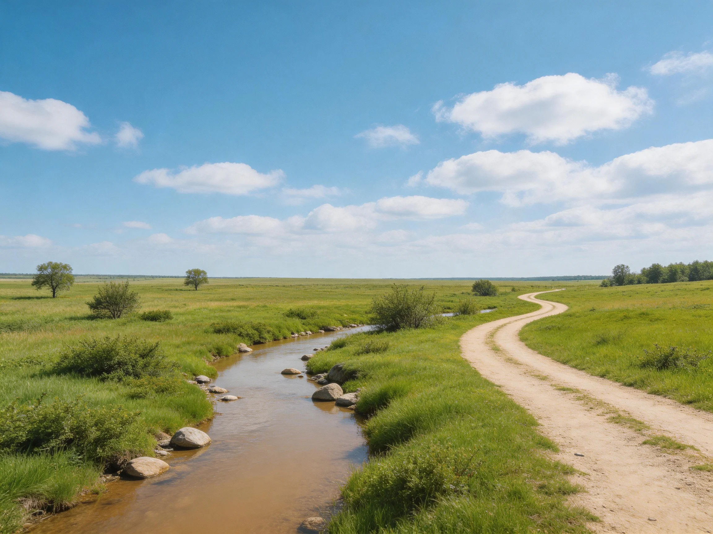 A winding dirt path parallels a narrow brown stream amid vast green meadows