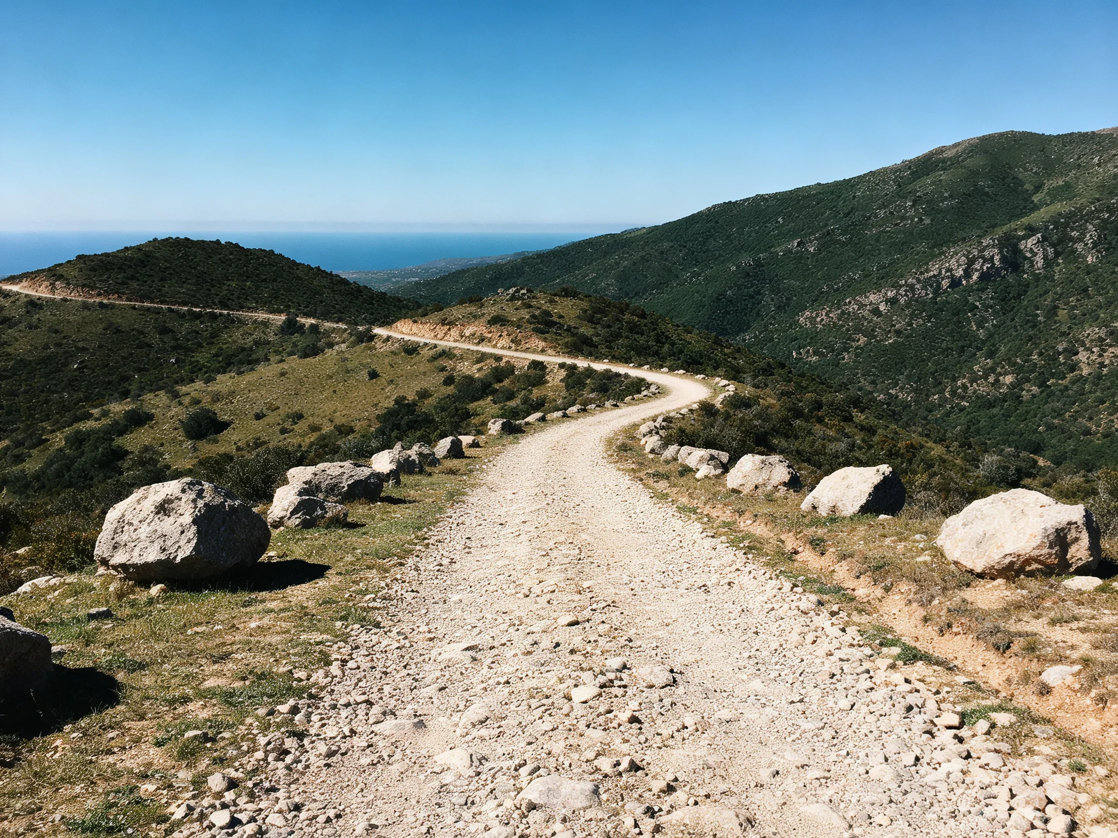 A winding gravel path winds through rocky green hills
