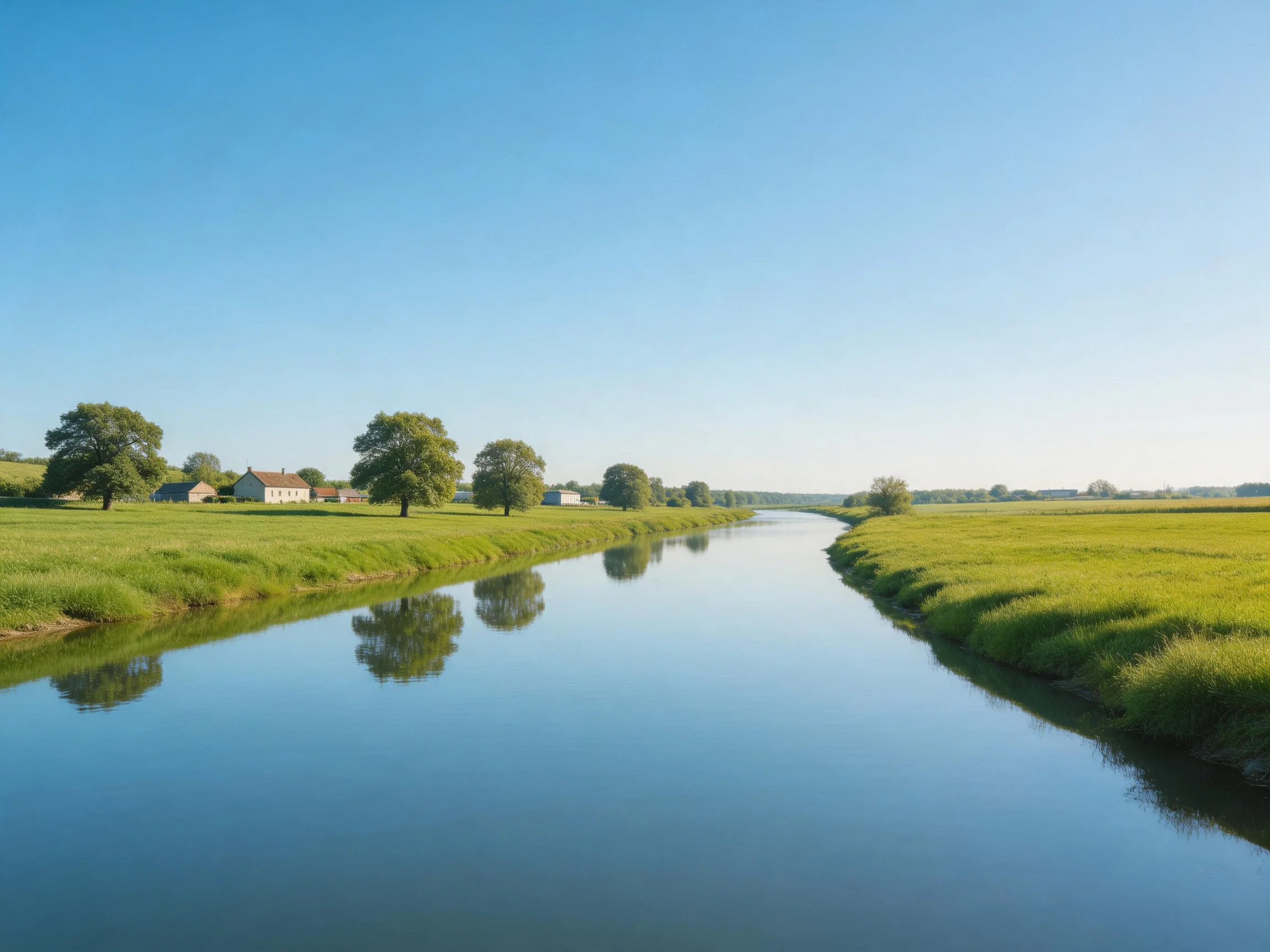 A winding river flows through vibrant green fields with scattered trees