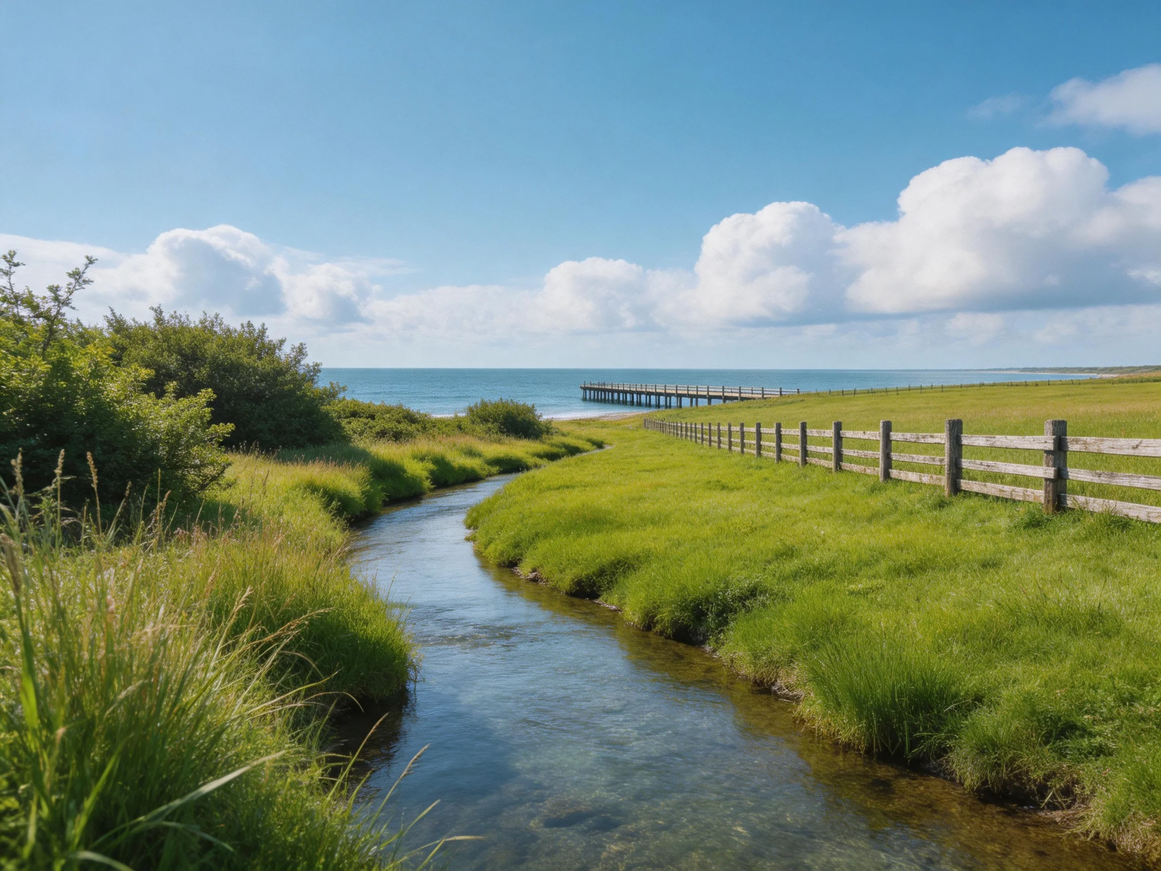 A winding stream flows past a wooden fence toward the ocean with a pier