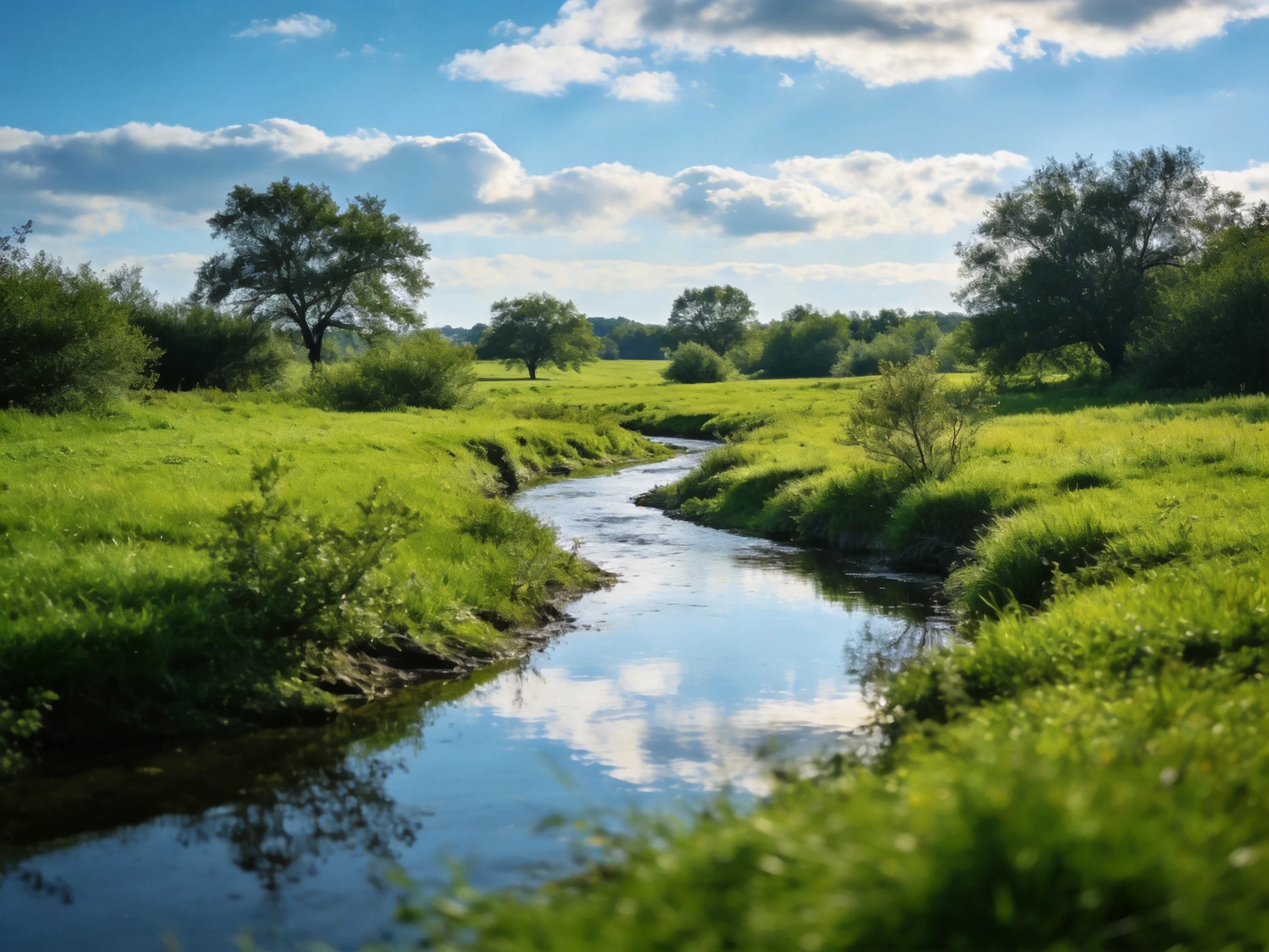 A winding stream flows through lush green meadows under bright blue skies