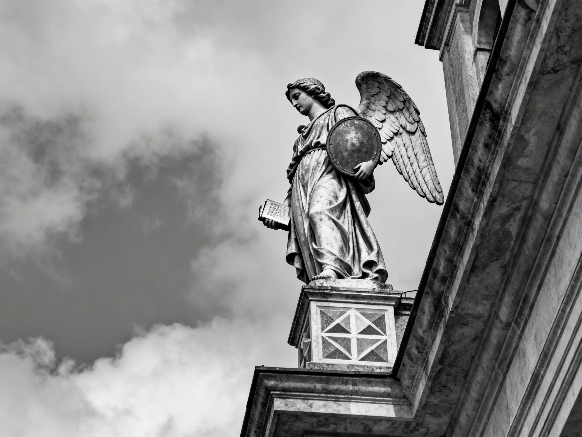 A winged statue of an angel atop a historic building with geometric detailing