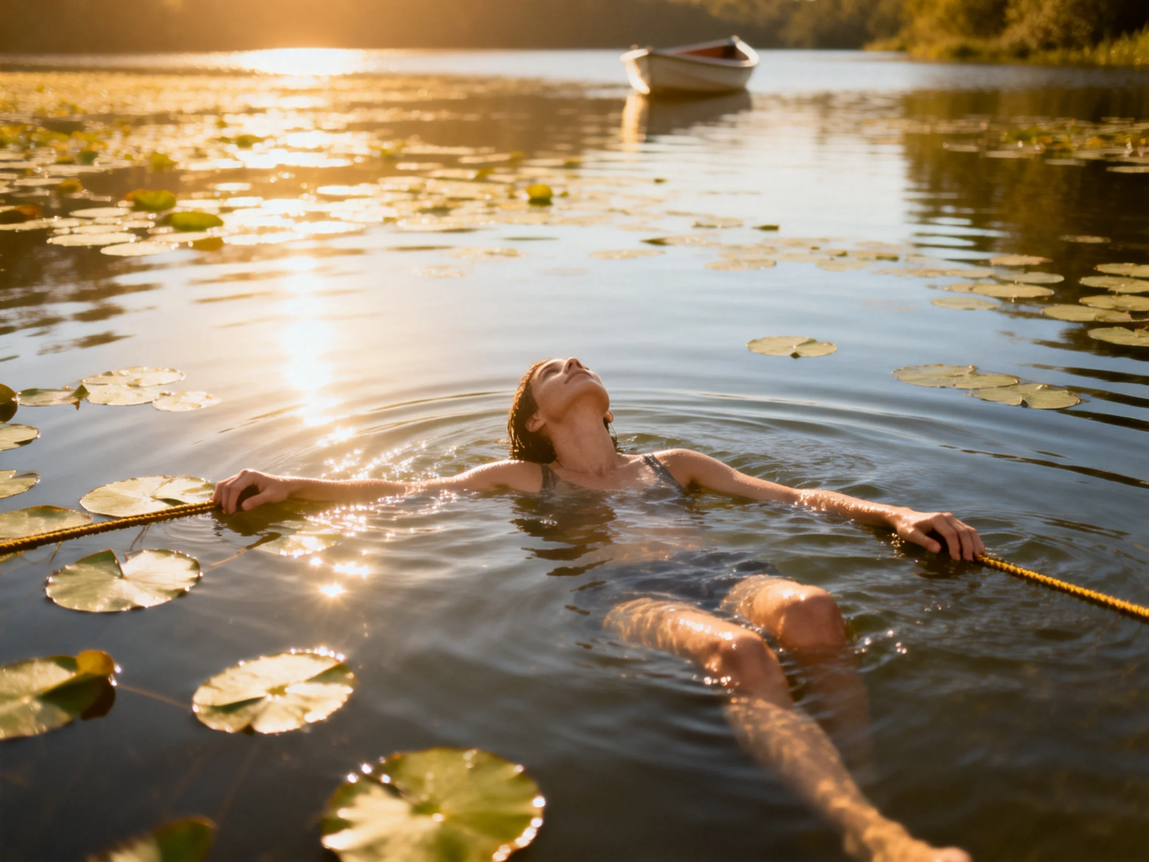 A woman floats in a sunlit lake with lily pads and a boat