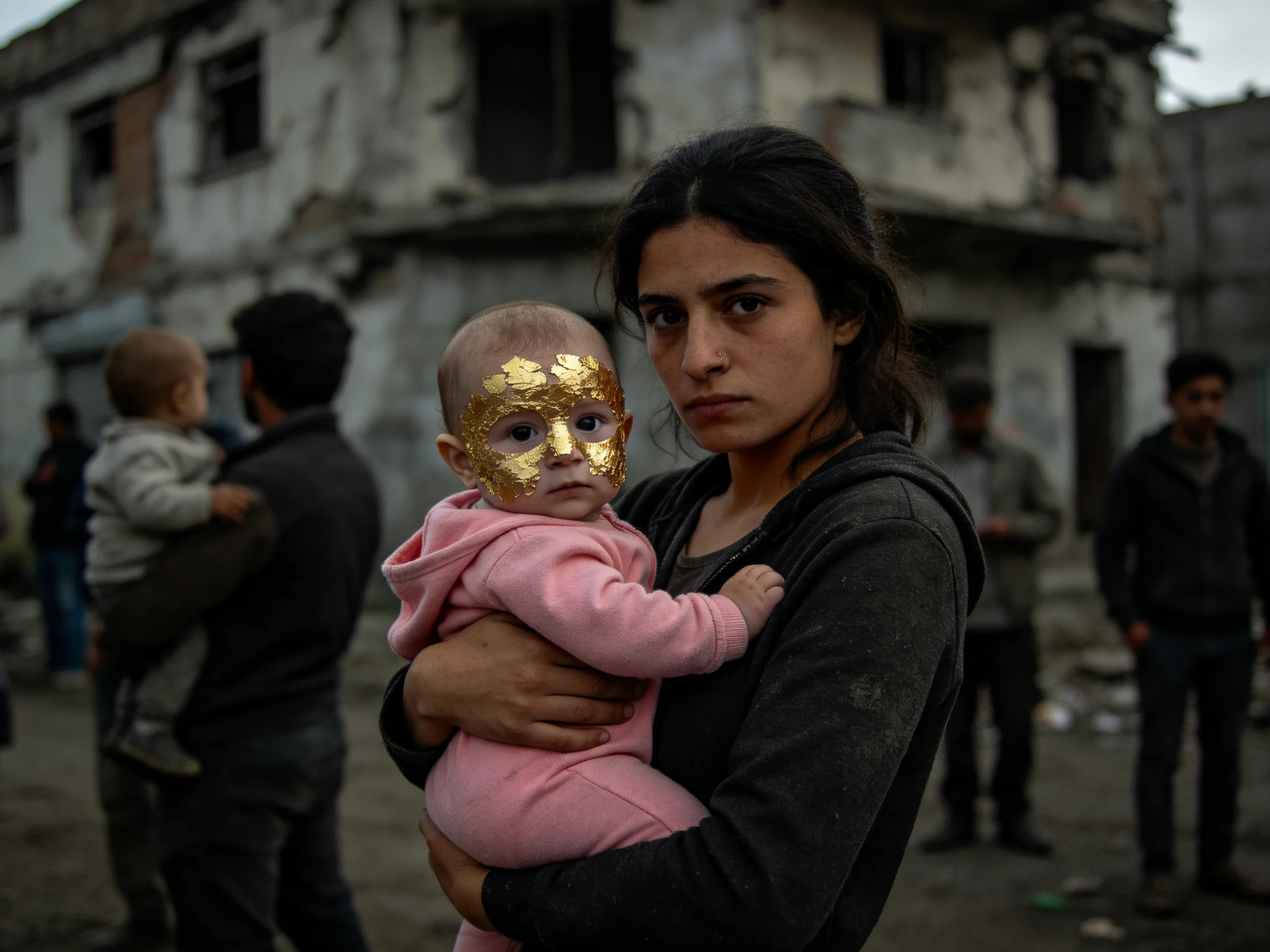 A woman holds a baby with a golden mask near ruined buildings
