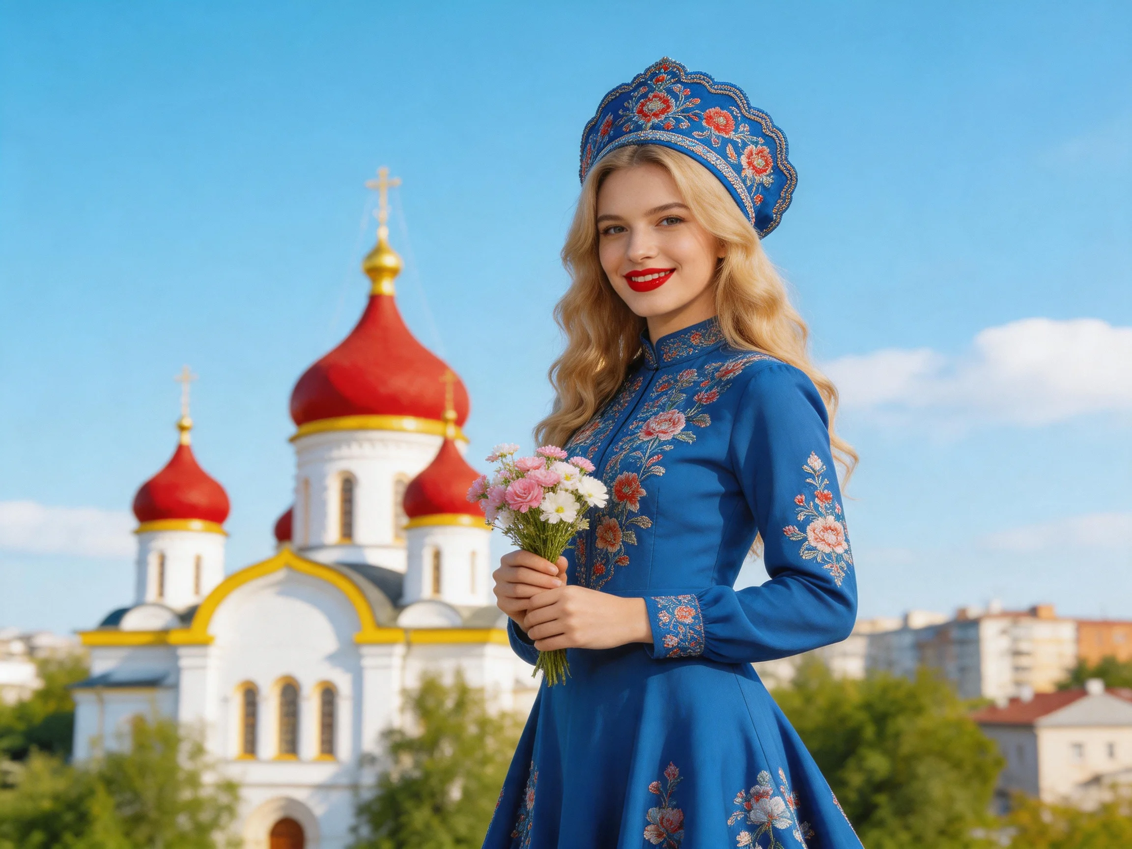 A woman in a blue embroidered dress stands before a white church with red domes
