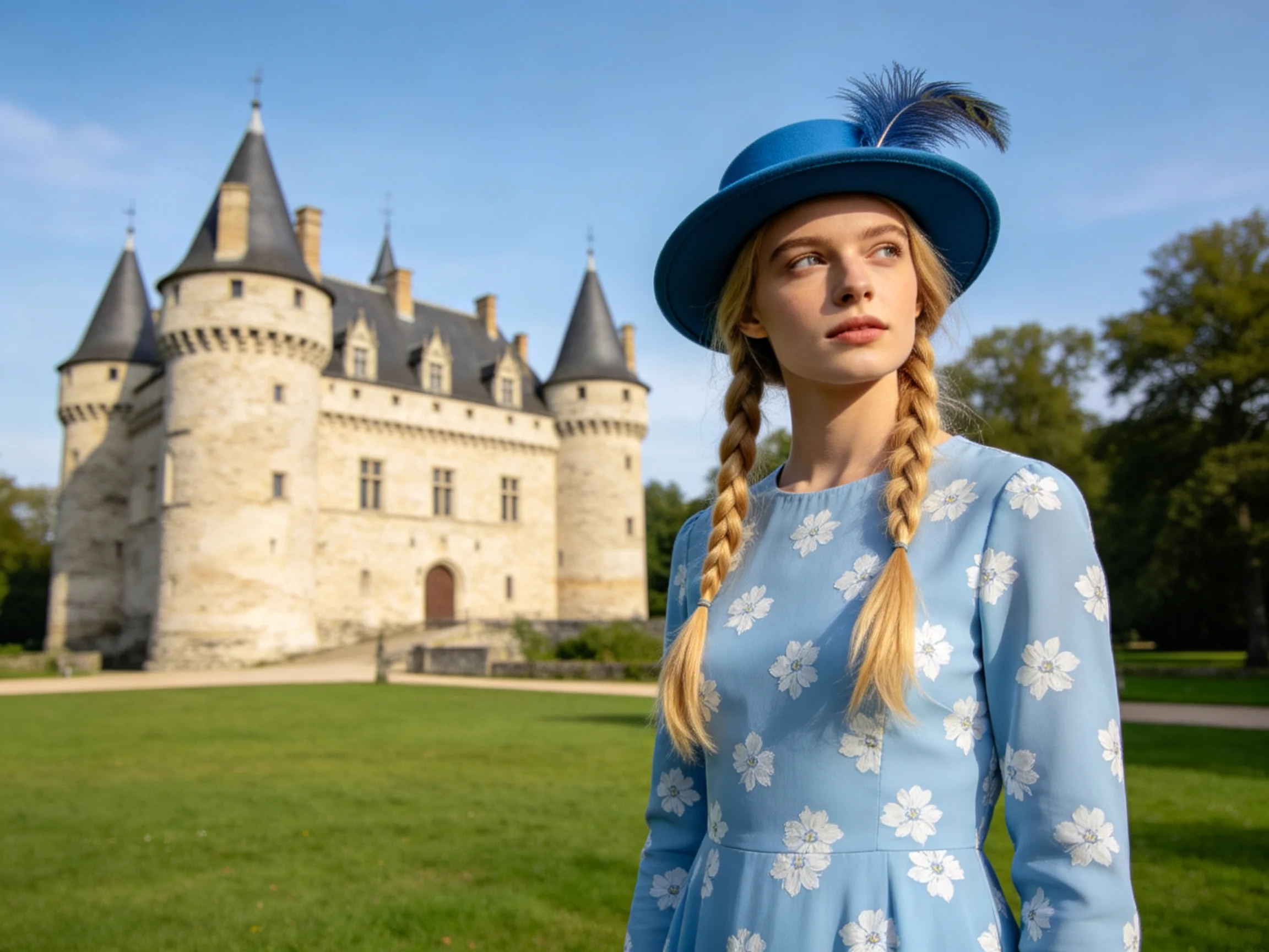A woman in a blue floral dress stands before a historic stone castle