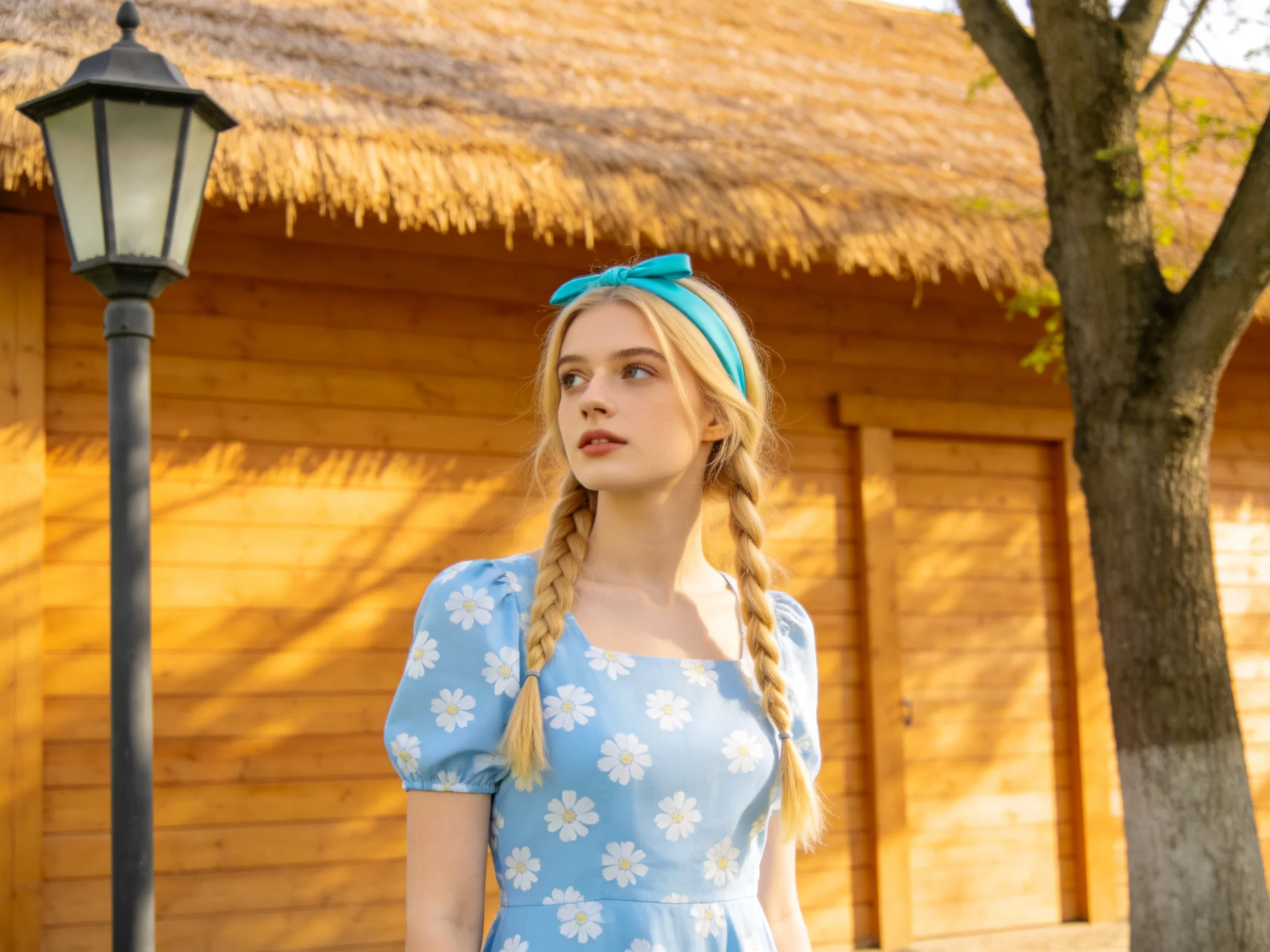 A woman in a blue floral dress stands near a wooden cabin with a thatched roof
