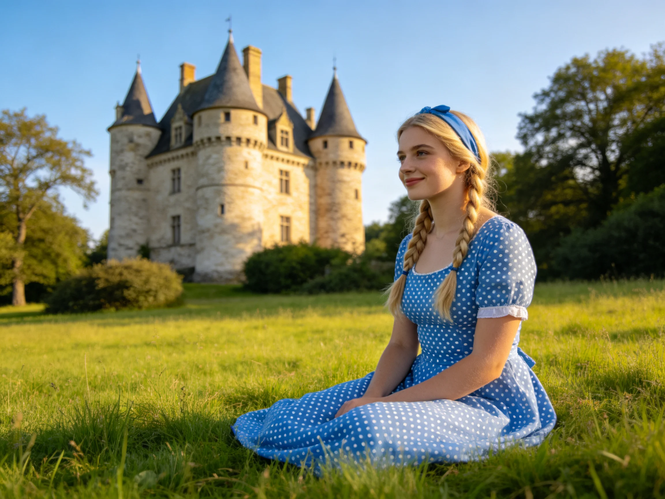 A woman in a blue polka - dotted dress sits near an old stone castle