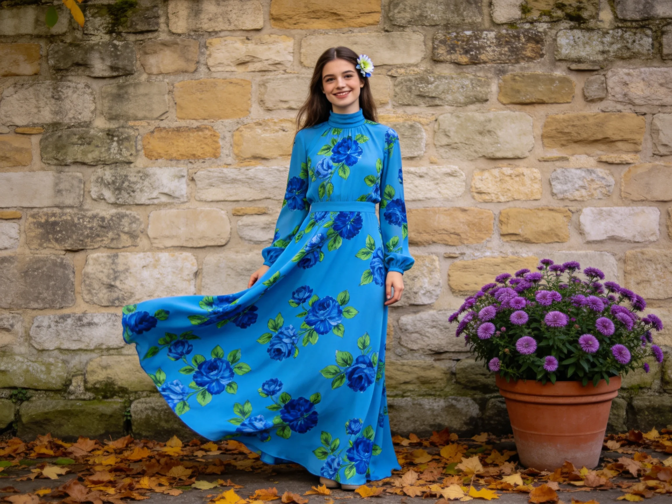 A woman in a bright blue floral long dress beside a stone wall