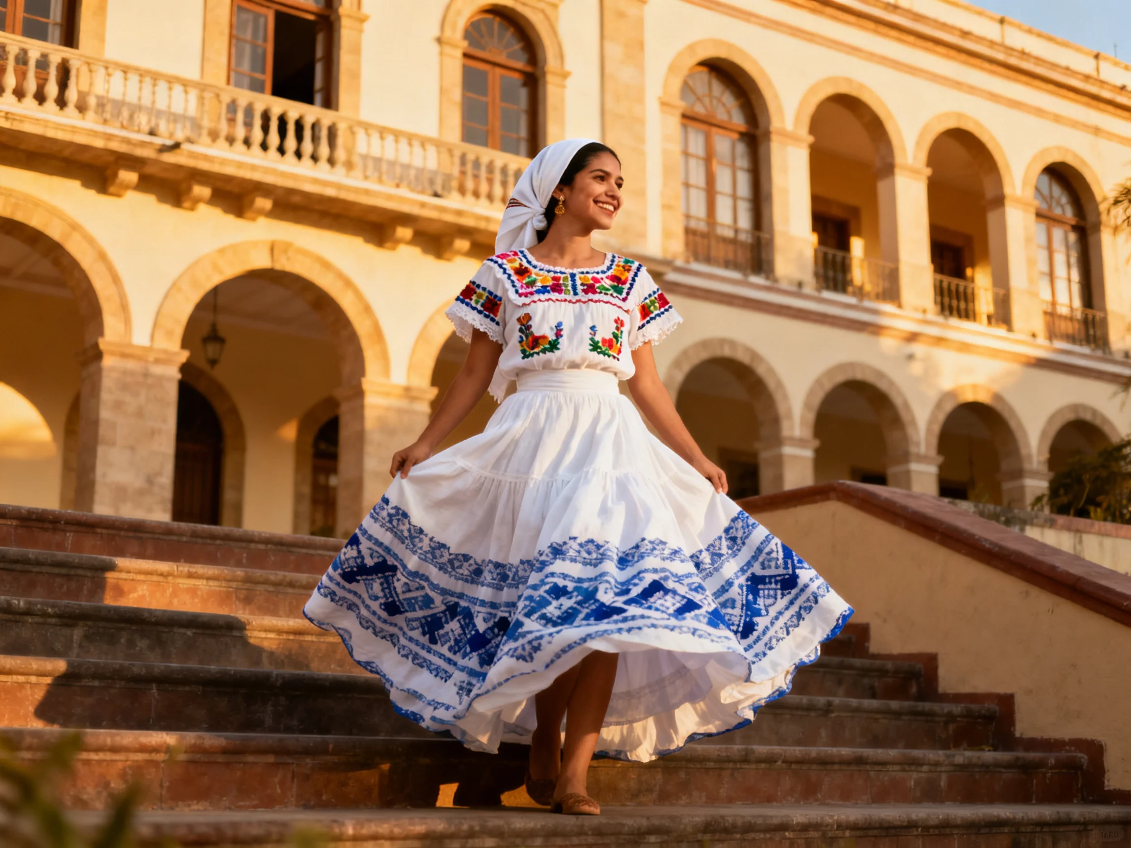 A woman in a colorful embroidered white dress near an arched historical building