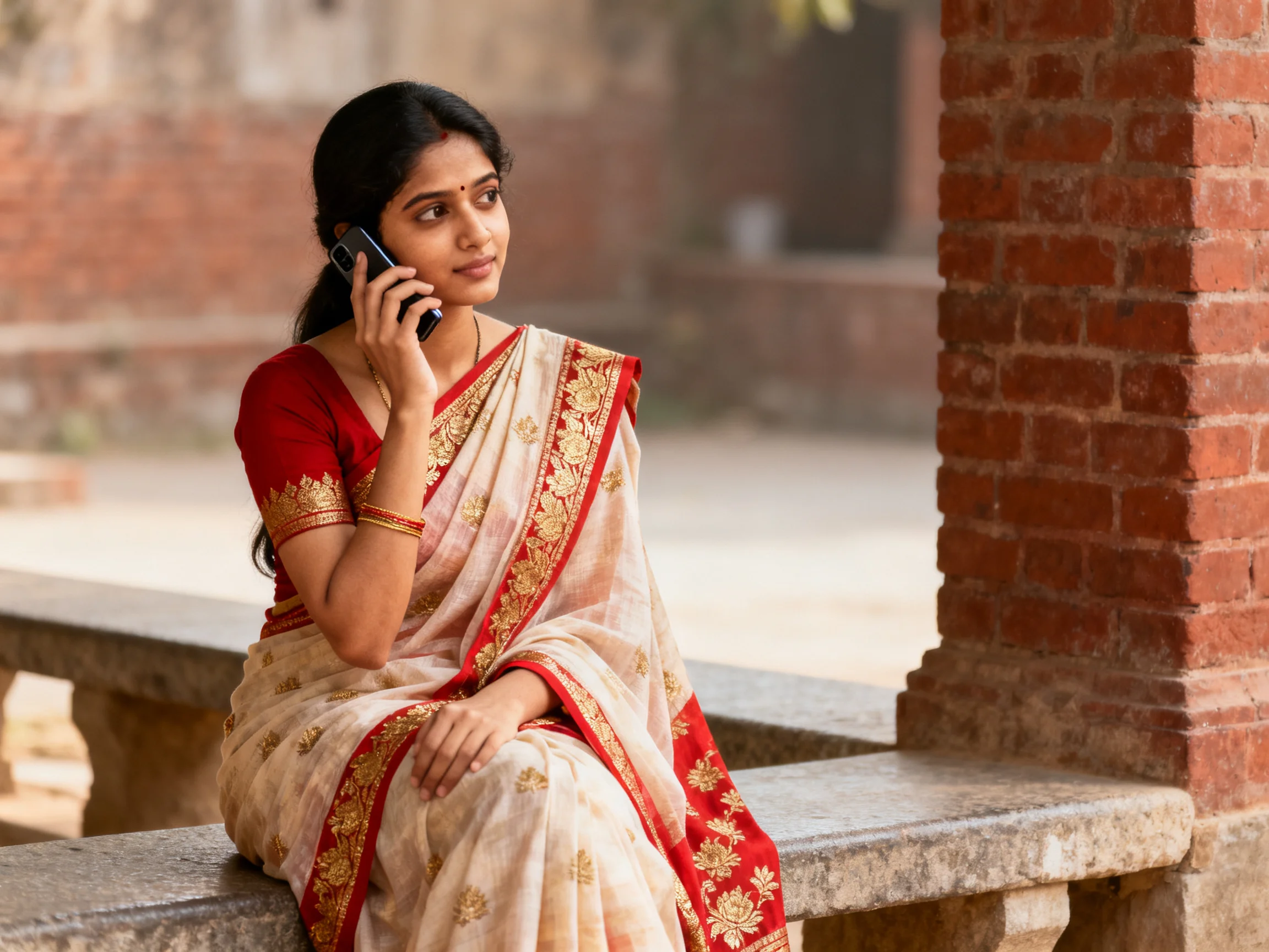 A woman in a cream and red sari talks on her phone near brick structures