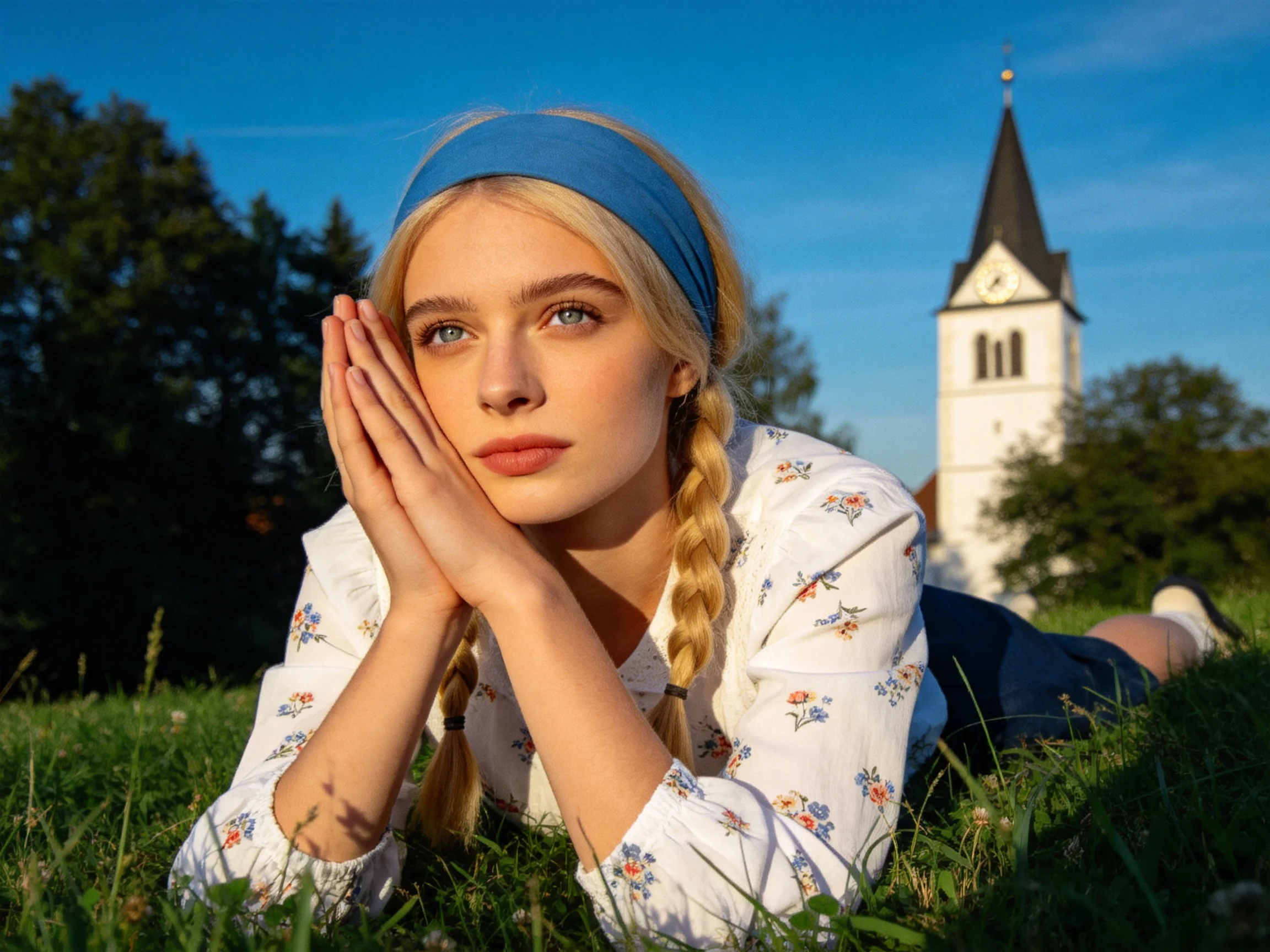 A woman in a floral blouse lies on grass near a white clock tower