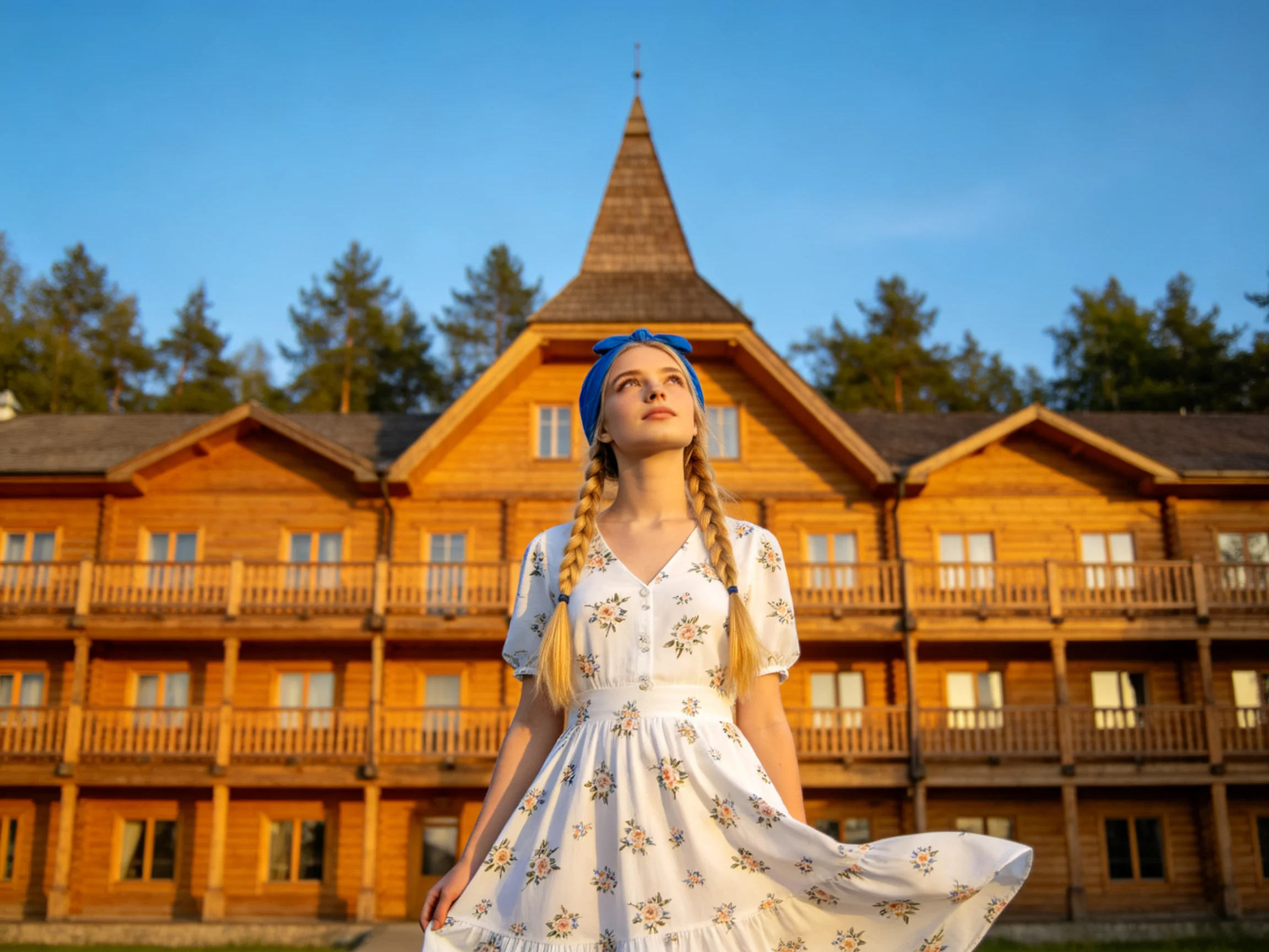 A woman in a floral dress stands before a large wooden lodge