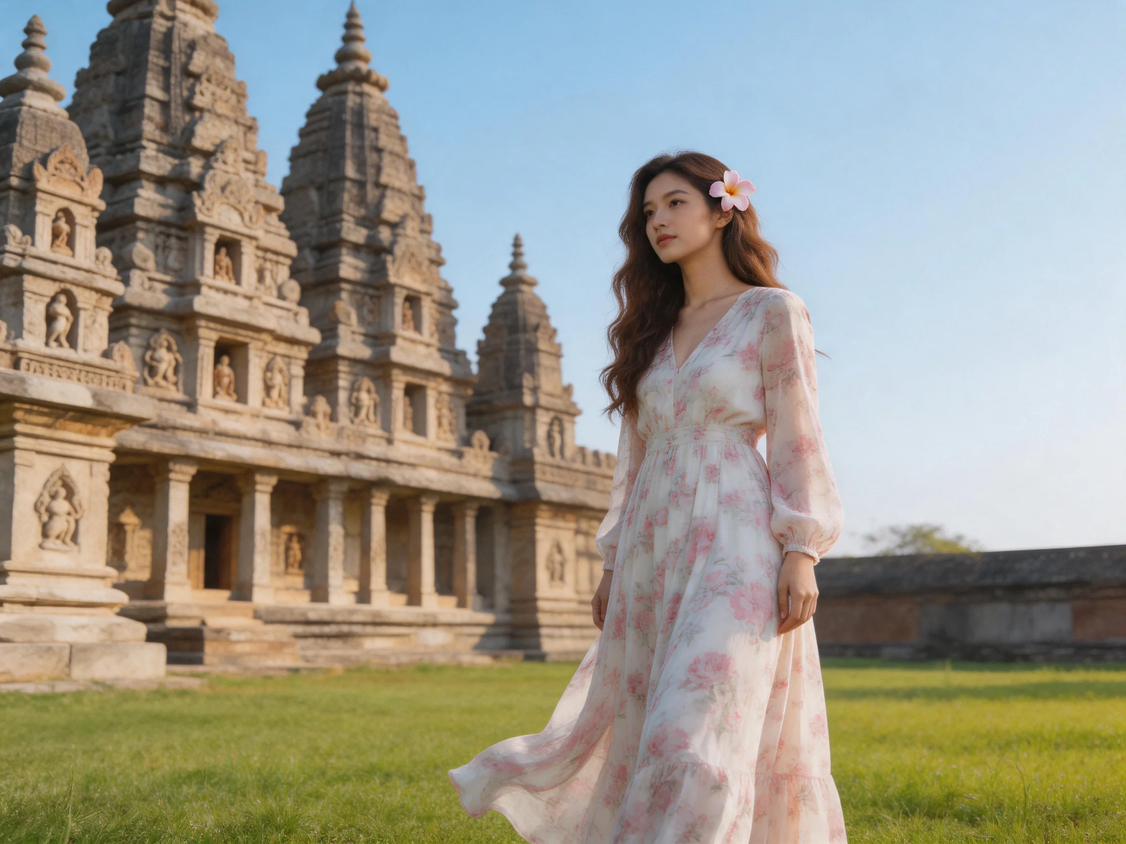 A woman in a floral dress stands before an ornate stone temple complex