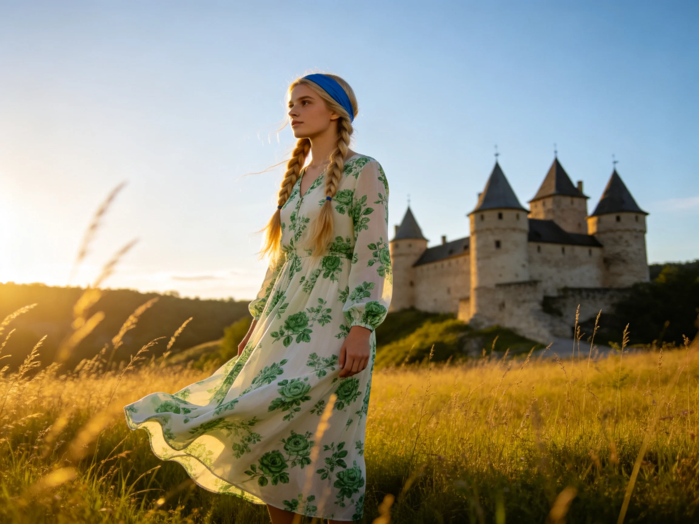 A woman in a floral dress stands near an ancient stone castle at golden hour