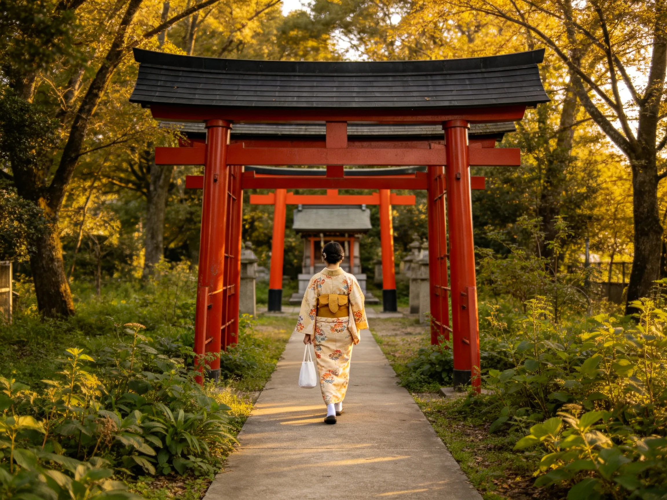 A woman in a floral kimono walks through red torii gates in a golden forest